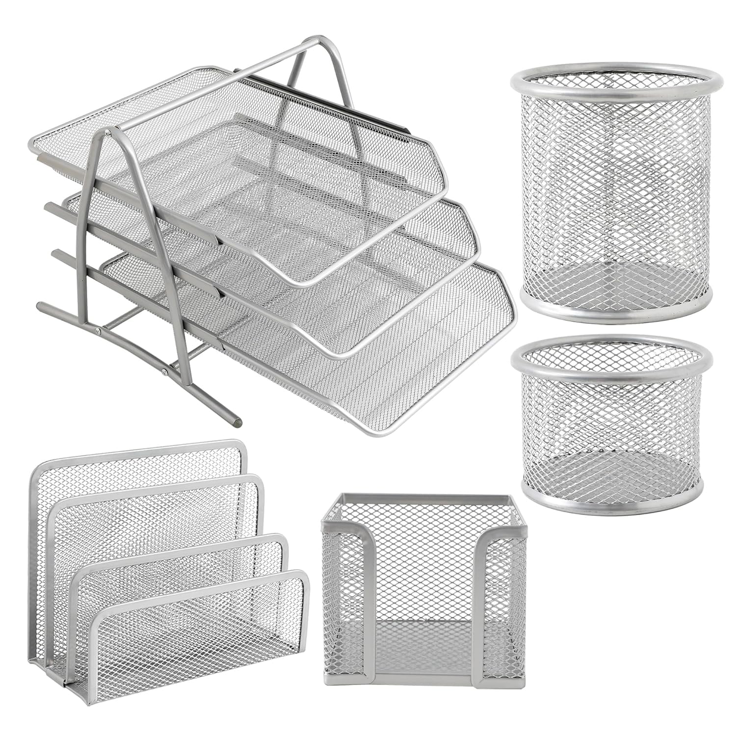 Kuber Industries Zestaw 5 szt., 3-poziomowy metalowy organizer na biurko, stojak na dokumenty, spinacze do papieru i długopisy, stojak na wizytówki, stojak na gazety i czasopisma do biura