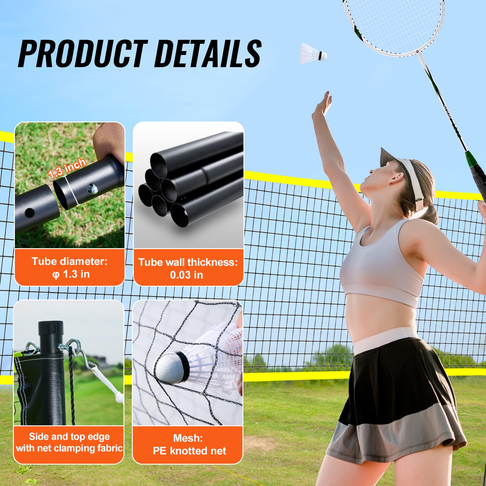 VEVOR Juego de Red de Bádminton Portátil con Postes, Bolsa, 4 Taquetas y 3 Volantes