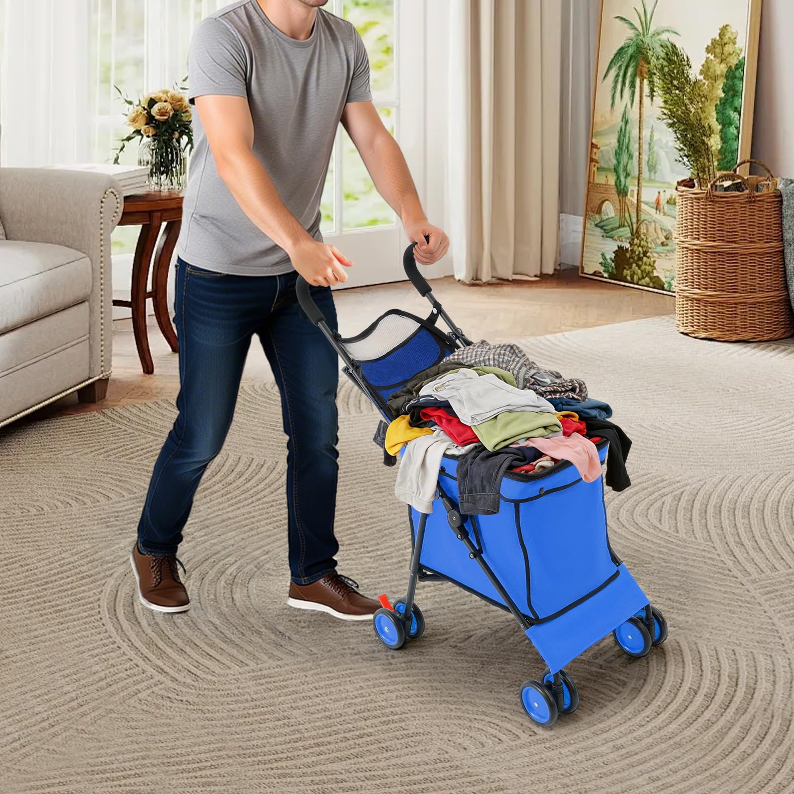 Faltbarer Hundetransportbox mit Rollen und Trolley-Funktion, bis 70kg, multifunktionaler Faltwagen mit 4 Rollen für Reisen und Ausflüge (Blau)