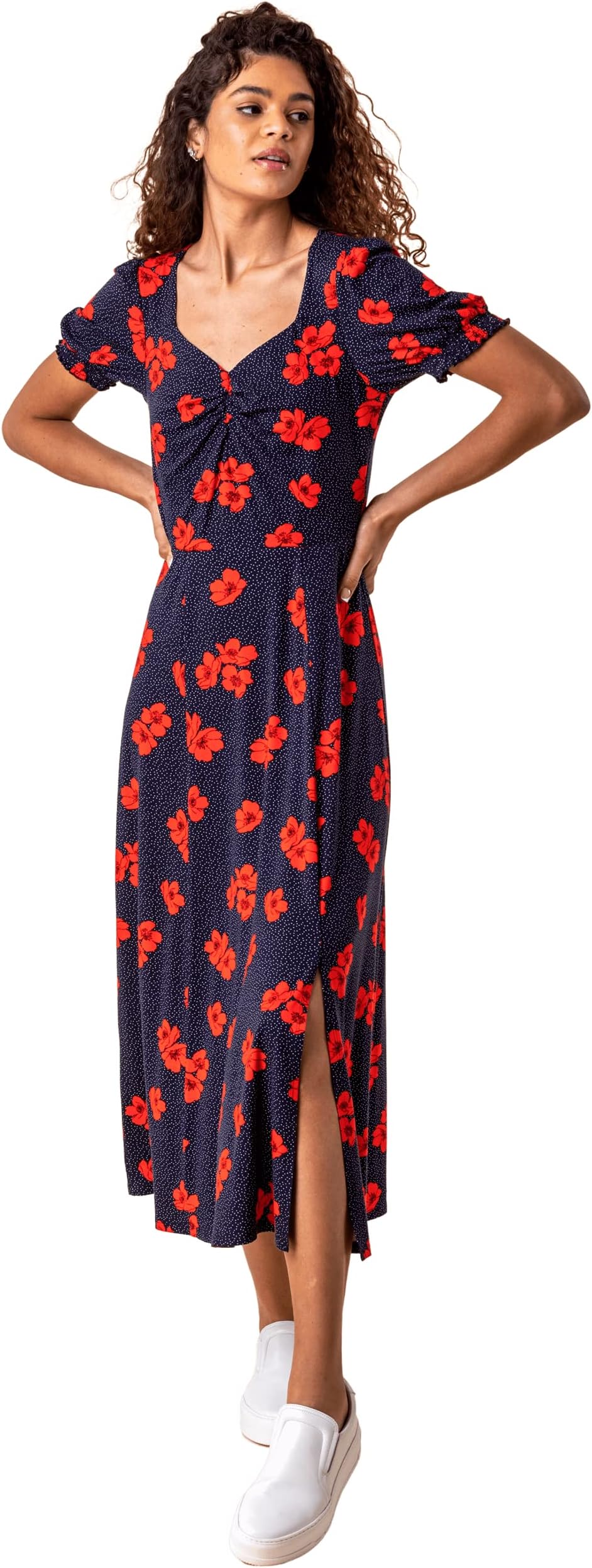 Women Ditsy Floral Print Dress Ladies Ruched Midi Maxi Long Length Short Sleeve Sweetheart Neck Flattering Casual Jersey Summer Autumn Party Daywear Evening