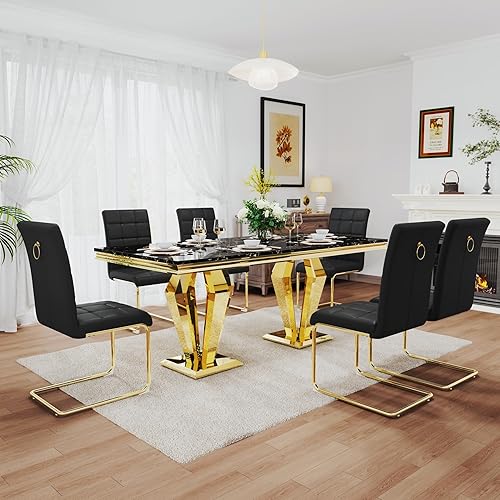 Miniatura 12 de Juego de comedor de lujo de 7 piezas, mesa de comedor moderna y sillas tapizadas, juego de mesa de cocina de mármol para 6, juego de mesas de