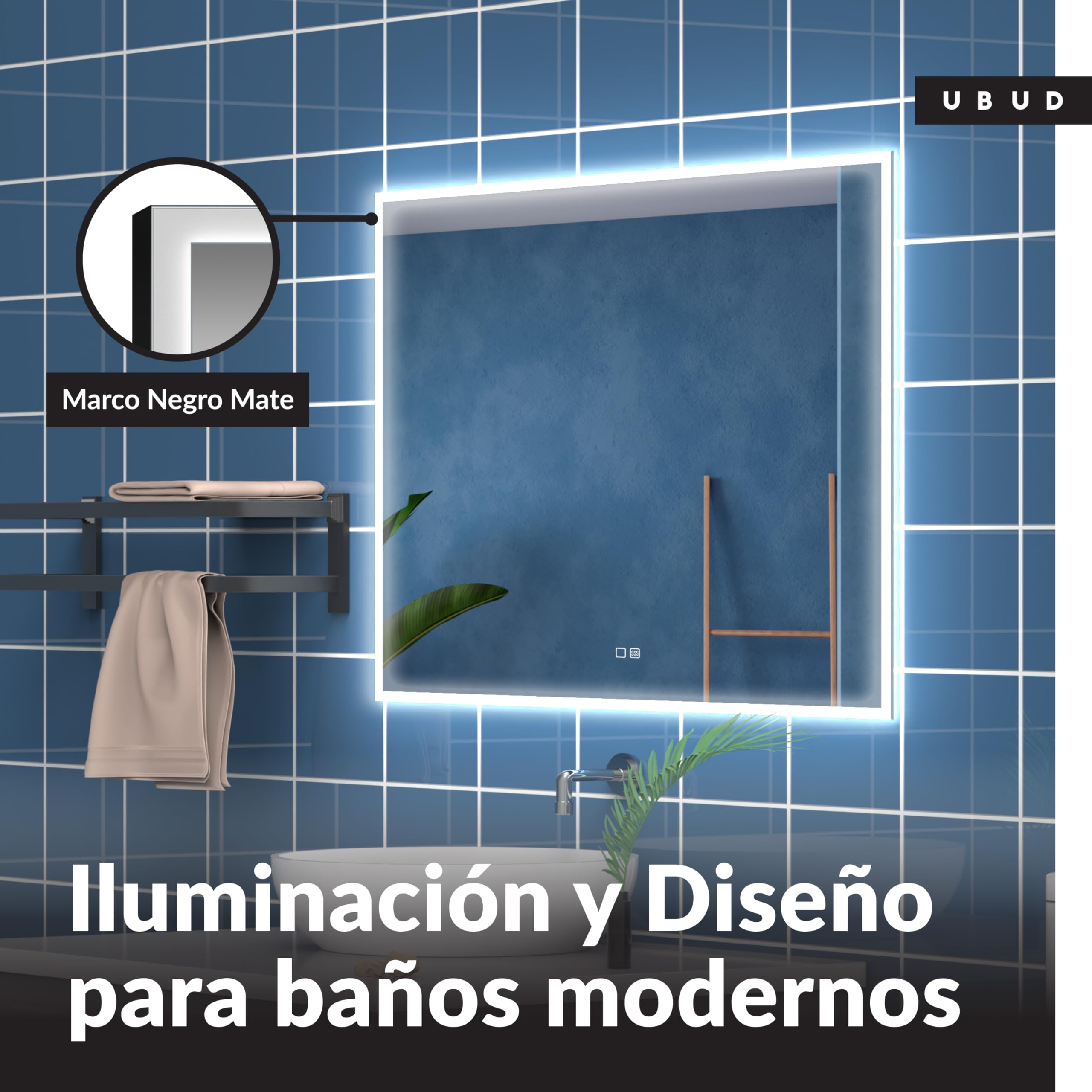 UBUD Espejo de Baño con Luz LED, Rectangular 120x80 cm, Marco Negro Mate - Antivaho, Regulable y 3 Colores de Luz, Memoria, IP44, Vidrio Anti-Estallido, Maquillarse/Afeitarse