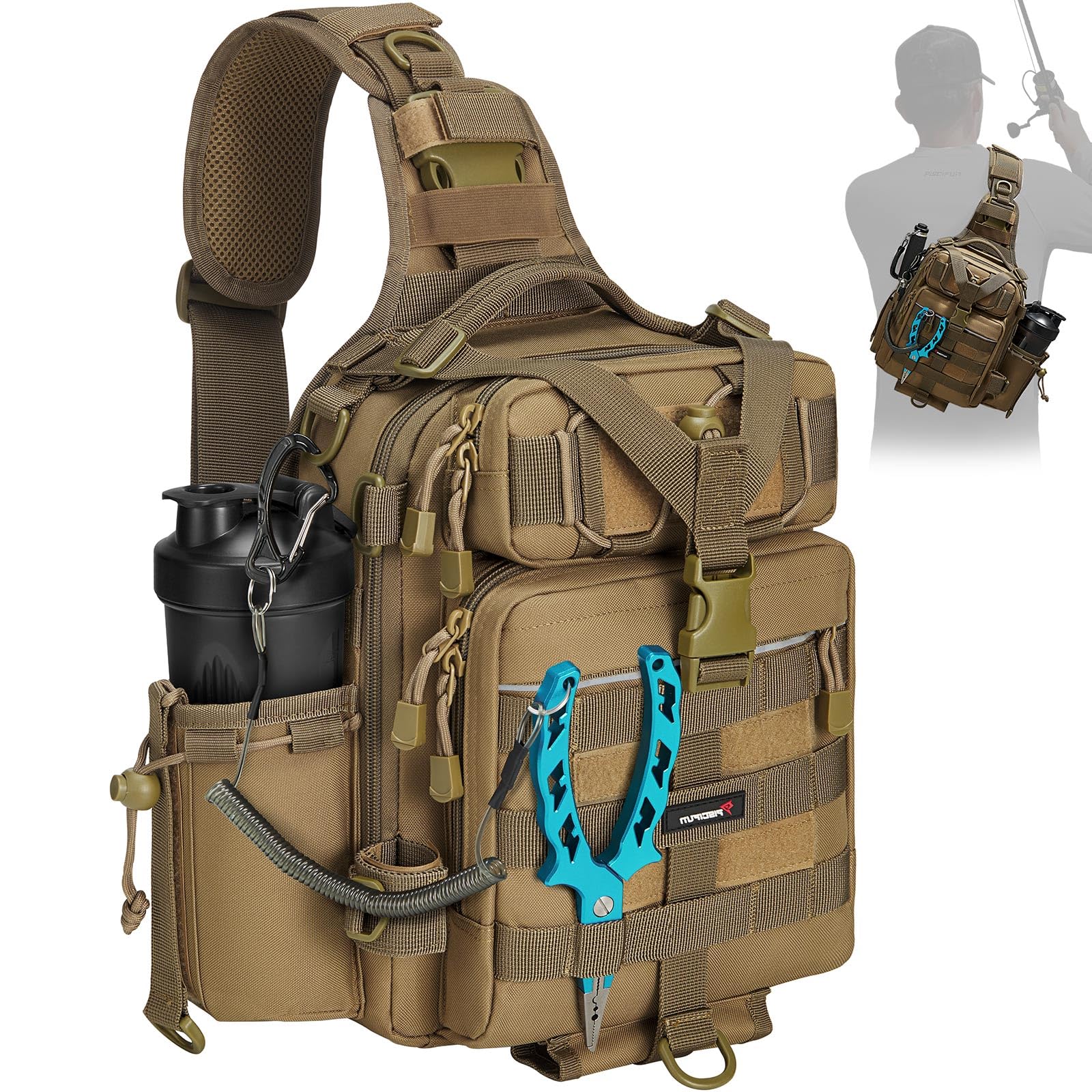 Piscifun Water-Resistant Outdoor Tackle Bag Single Shoulder Fishing Tackle Storage Bags Durable Handbag Crossbody Messenger Bag Multifunctional Bags for Camping Hiking Cycling Travelling Khaki