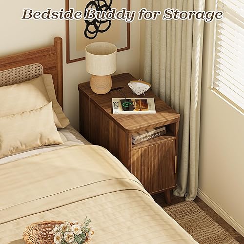 Miniatura 7 de Huuger Mesita de noche estrecha con estación de carga, puerto USB-C, juego de 2 mesitas de noche, mesa auxiliar acanalada con gabinete de