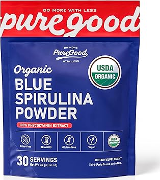 PureGood Organic Blue Spirulina Powder Natural Blue Food Coloring for Baking Desserts Smoothies and Drinks Plant Based Colorant 30g