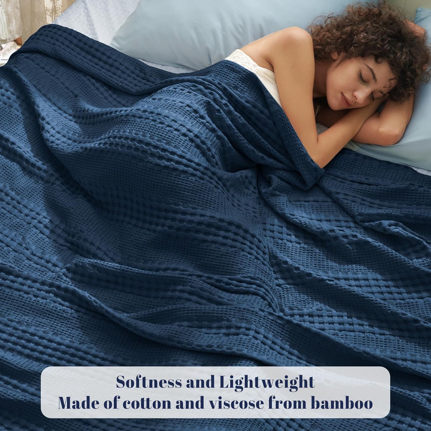 PHF Cooling Waffle Blanket Queen Size, Lightweight 60% Rayon Derived from Bamboo & 40% Cotton Breathable Blanket for Hot Sleepers, Soft and Luxury for Bed Couch and Sofa, 90"x90", Navy Blue - Image 2