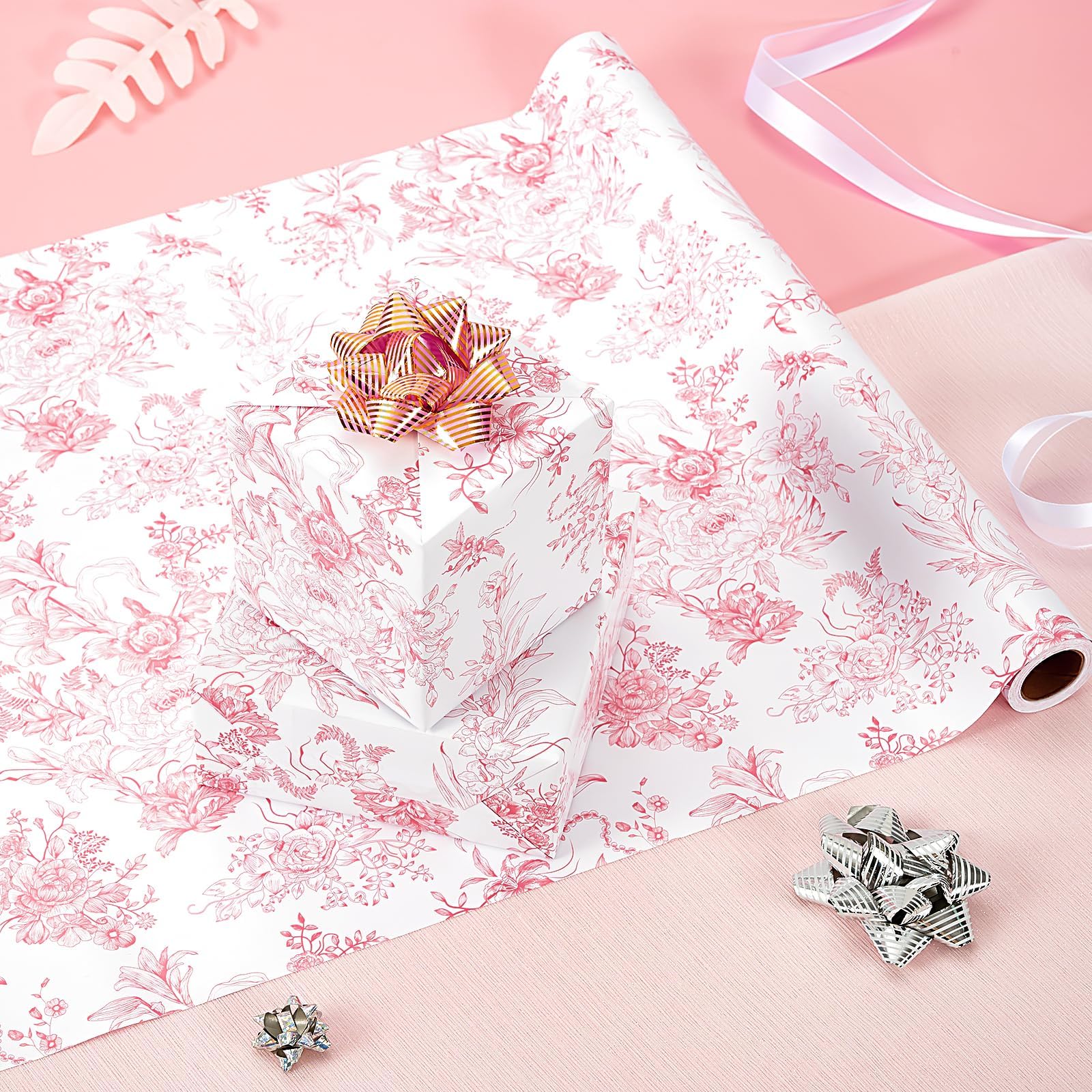 WERNNSAI Pink Floral Wrapping Paper - 1 Roll 43 cm x 10m Pink Flower Wrapping Paper Vintage Floral Gift Wrap for Women Girls Birthday Wrap Wedding Bridal Shower Gift Mothers Day — view 3