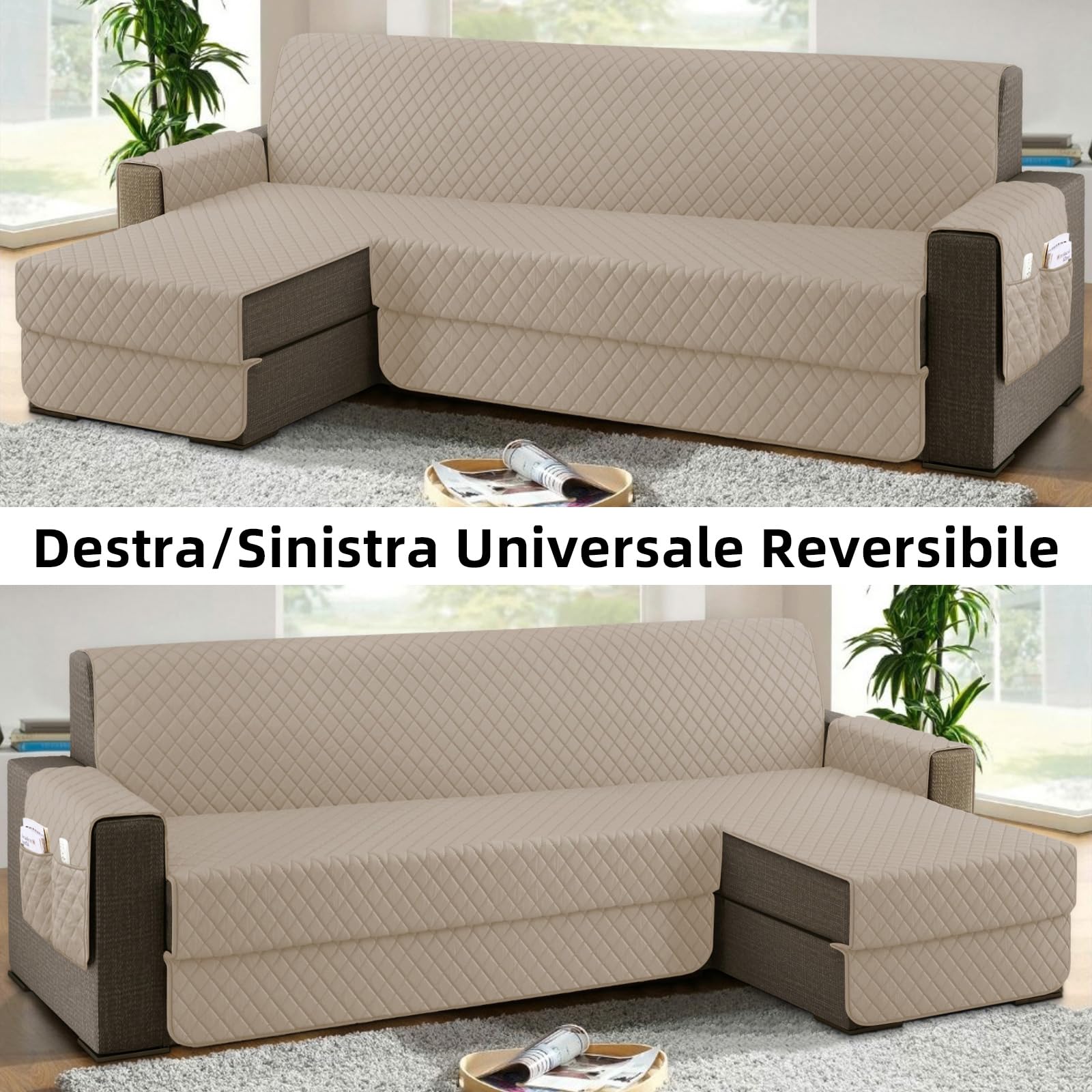 sevi's Copridivano con Penisola 4 Posti (L 300 CM) Destra/Sinistra Universale Reversibile Impermeabile, Copridivano Chaise longue Antigraffio, Copridivano Angolare con Tasche Portaoggetti - Beige