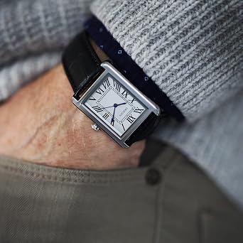 ERIKSEN Mens Retro Rectangular Dress Watch, Silver-Tone Case, Black Leather Strap, Japanese Quartz Analog Movement CMS-BLK