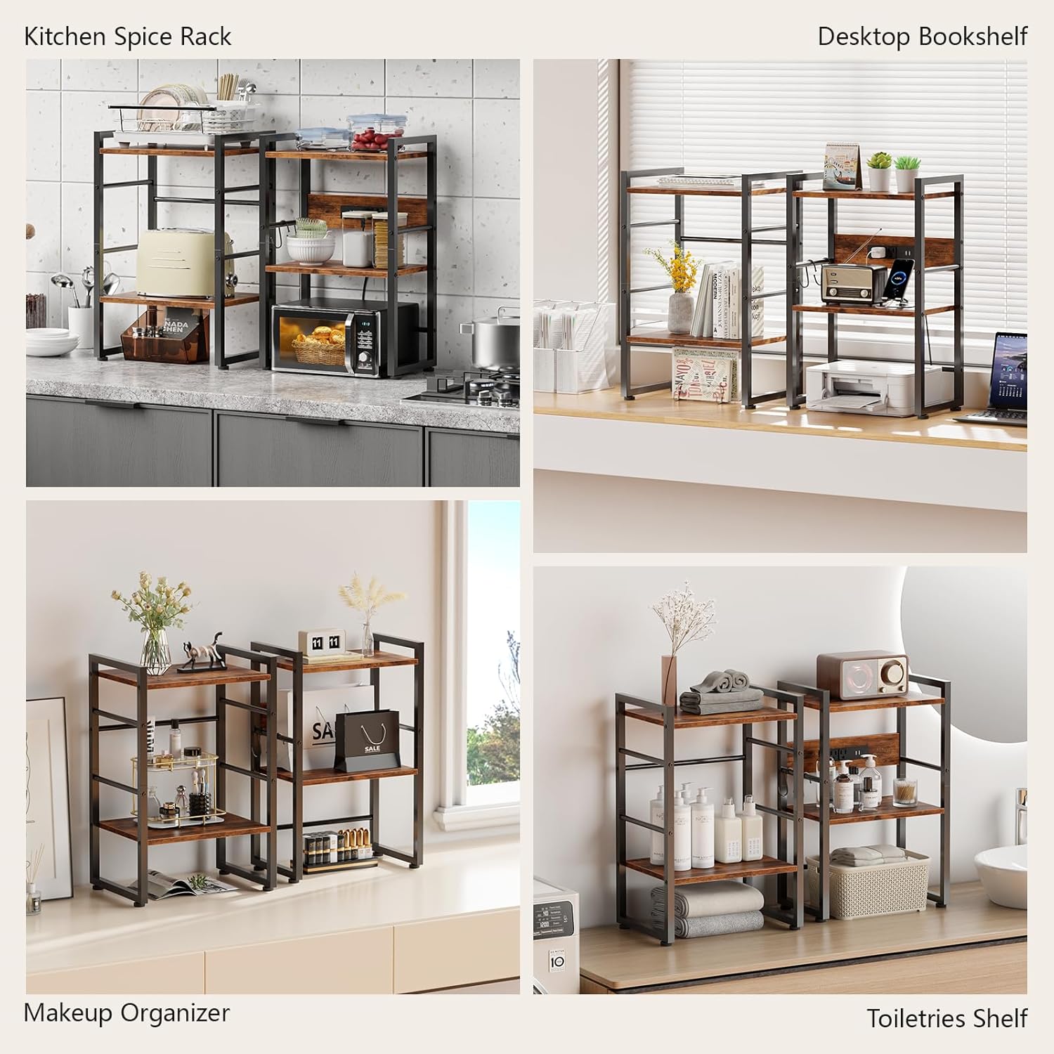 Two images showing different assembly methods: one 4-tier bookshelf and two 2-tier bookshelves or end tables.