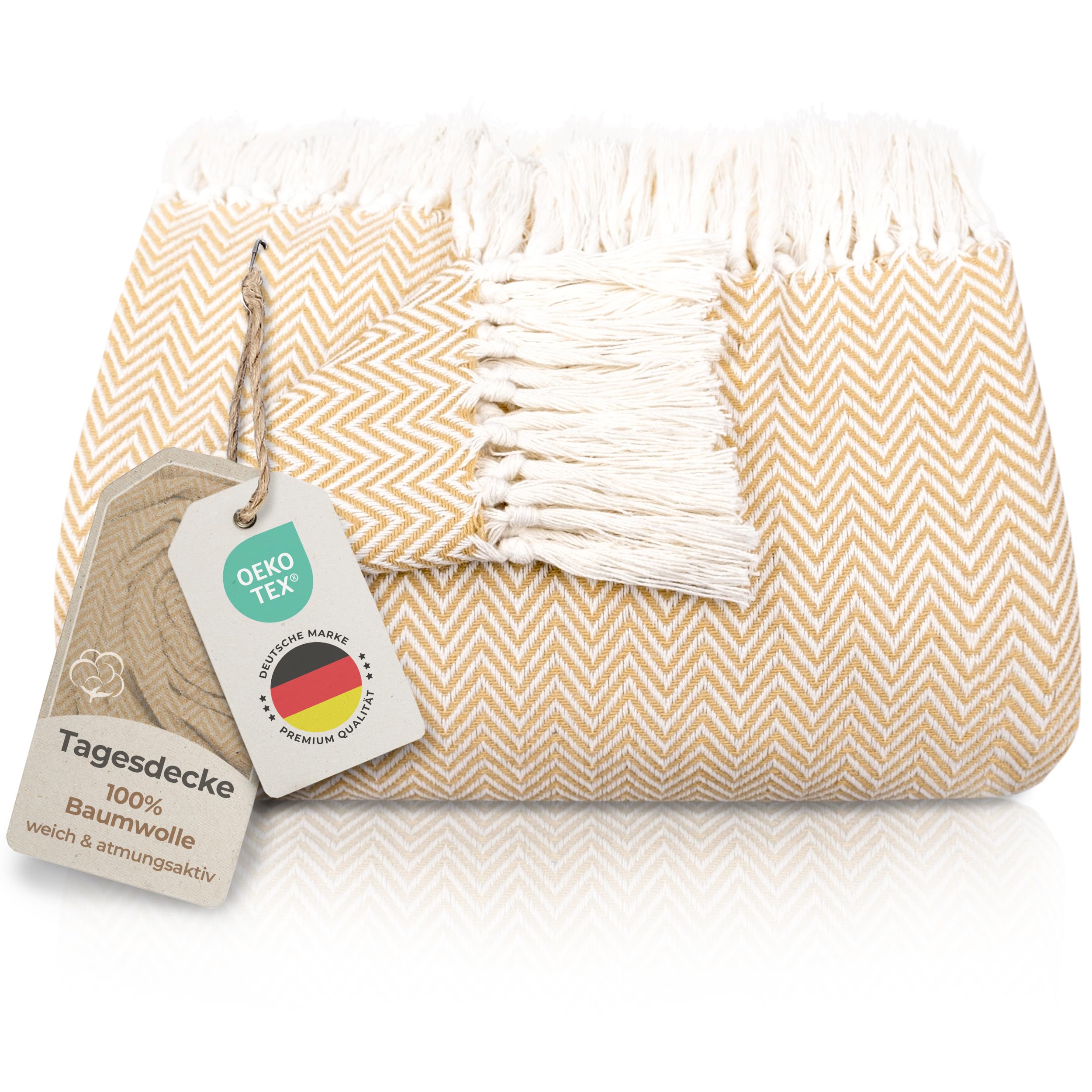 Gräfenstayn Premium Tagesdecke mit Fransen - 100% Baumwolle - 180 x 240 cm - Fischgrätenmuster Sommerdecke - Baumwolldecke als Bett-Überwurf, Couch-Überwurf, Sofa-Decke (Beige)