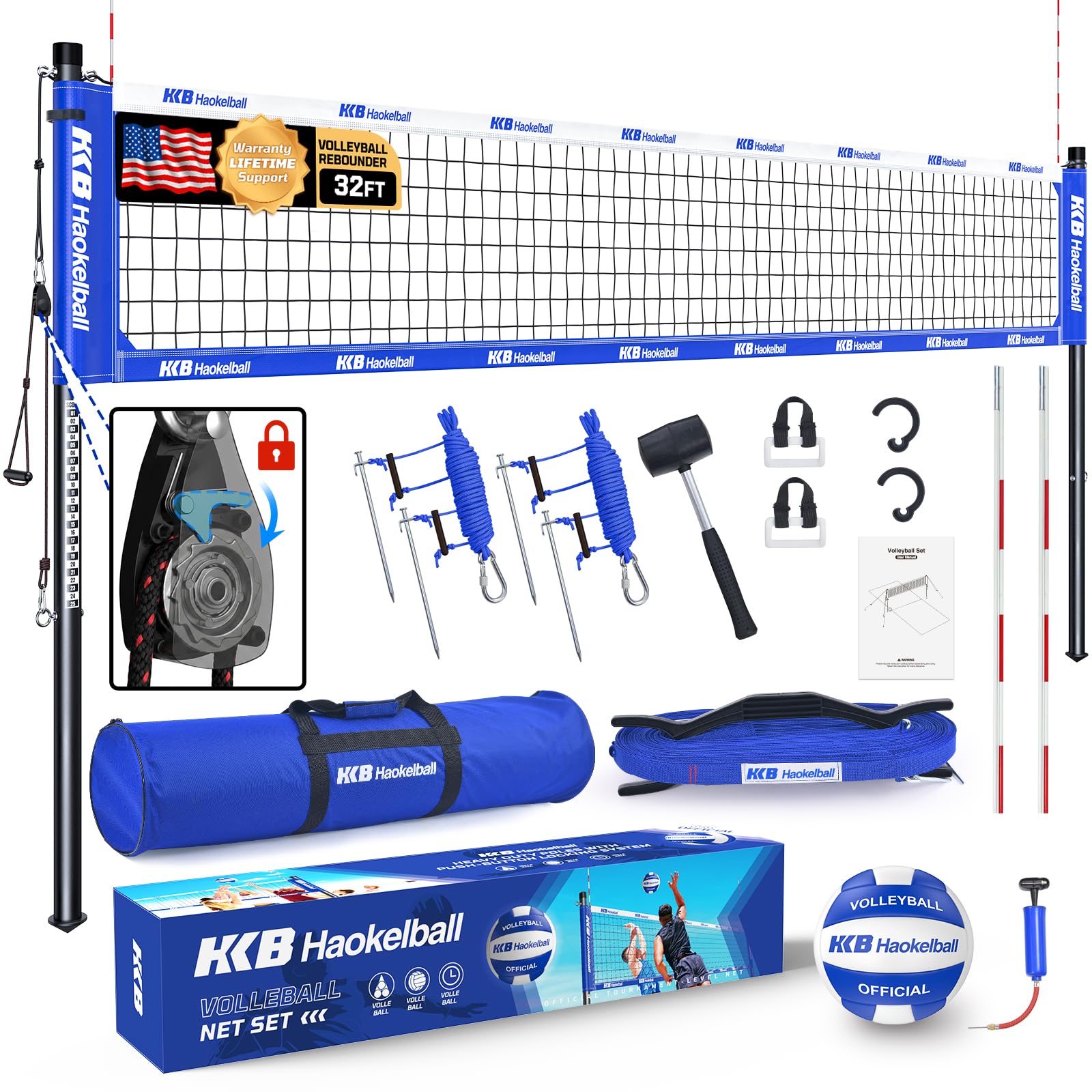 Haokelball Portable Professional Outdoor Volleyball Net Set for Backyard with Volleyball Antennas, Adjustable Height Aluminum Poles, Net Tension Adjuster, Volleyball, Hammer and Boundary Line