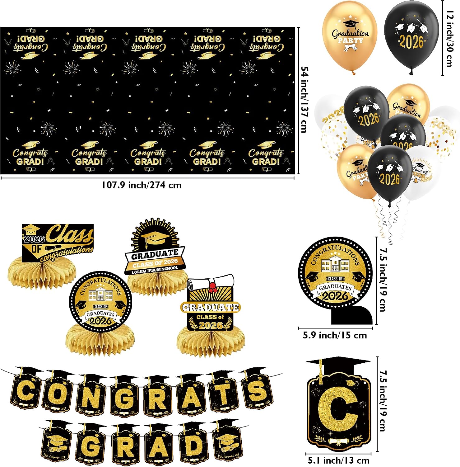 Graduation Decorations 2026-Black and Gold Party Supplies,Class of 2026 Backdrop,Congrats Grad Banner,Tablecloth,Porch Banner,Balloons & Grad Card Box for College High School