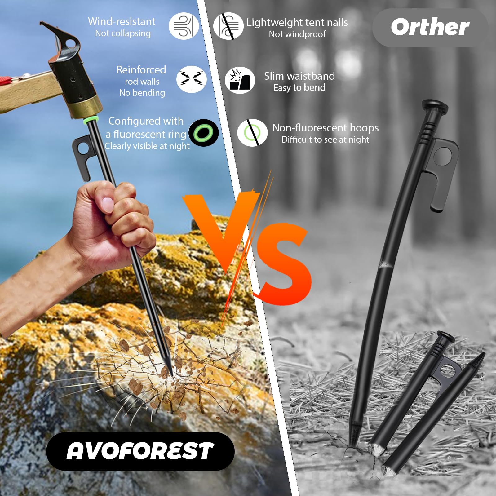 AVOFOREST 12Inch Heavy Duty Tent Stakes,8 PCS Tent Pegs Metal+Fluorescent Silicone Rings+ Storage Bag for Camping