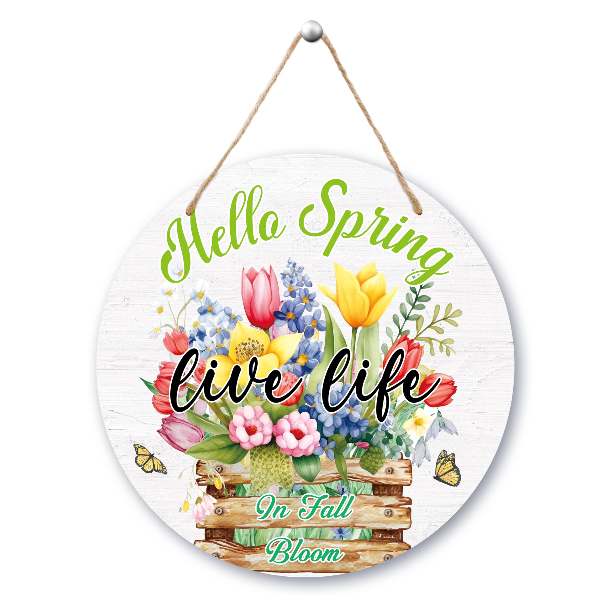 Hello Spring Door Sign, Spring Round Welcome Front Door Decor, Spring Flower Wooden Hanging Sign with Rope, Suitable For Home Wall Indoor Outdoor