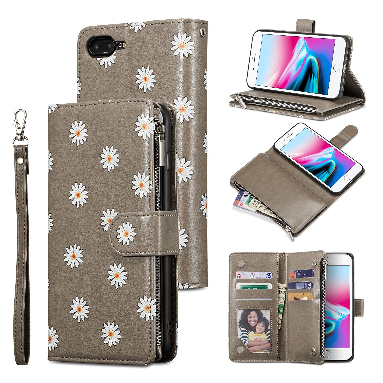 UEEBAI Wallet Case for iPhone 7 Plus iPhone 8 Plus, Premium PU Leather Magnetic Closure Handbag Zipper Pocket Case Kickstand Card Holder Slots with Wrist Strap Shockproof Flip Case - Daisy Grey