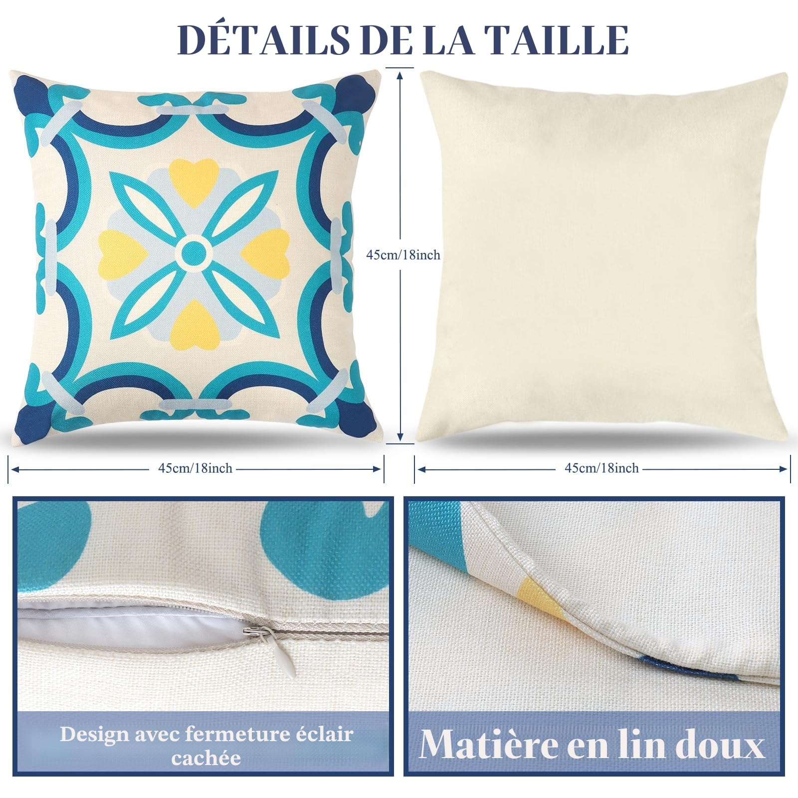 Dremisland Lot de 4 Coussin Exterieur Impermeable 45 X 45 cm Housse de Coussin Imprimées Florales Bleue Coussins de Jardin Boho Coussins Décoratifs Taie d'oreiller pour Balcon Salon Terrasse Jardin