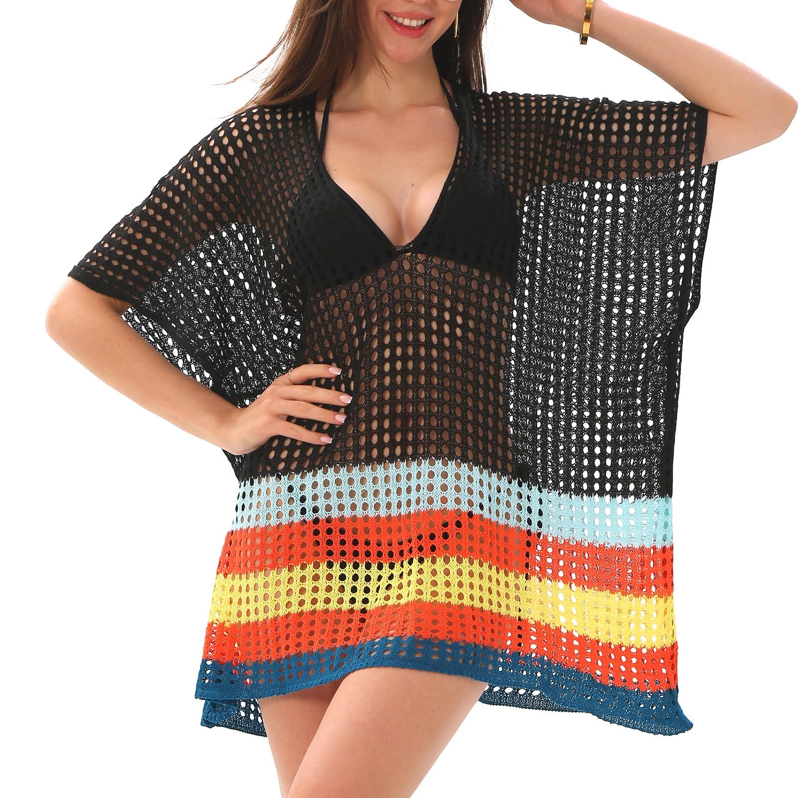 cocopuss Women Swimsuit Crochet Swim Cover Up Beach Bathing Suit Swimwear Mesh Knit Short Sleeve Beach Dress Vacation