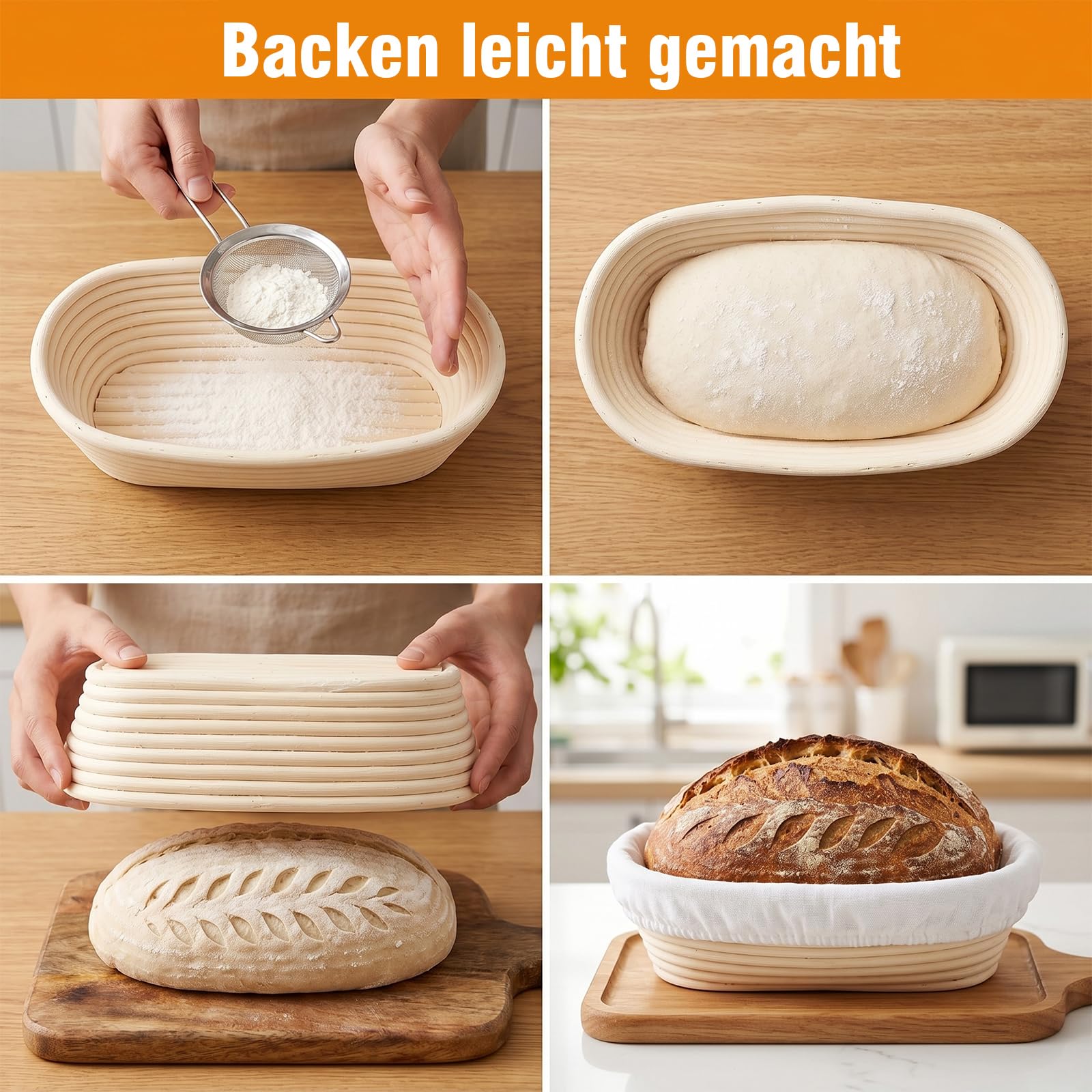 Lot de 2 paniers de fermentation ovales, 30 x 14 x 7 cm, paniers de fermentation en rotin naturel, fabriqués à la main, parfaits pour fermentation de la pâte pour les boulangers amateurs et