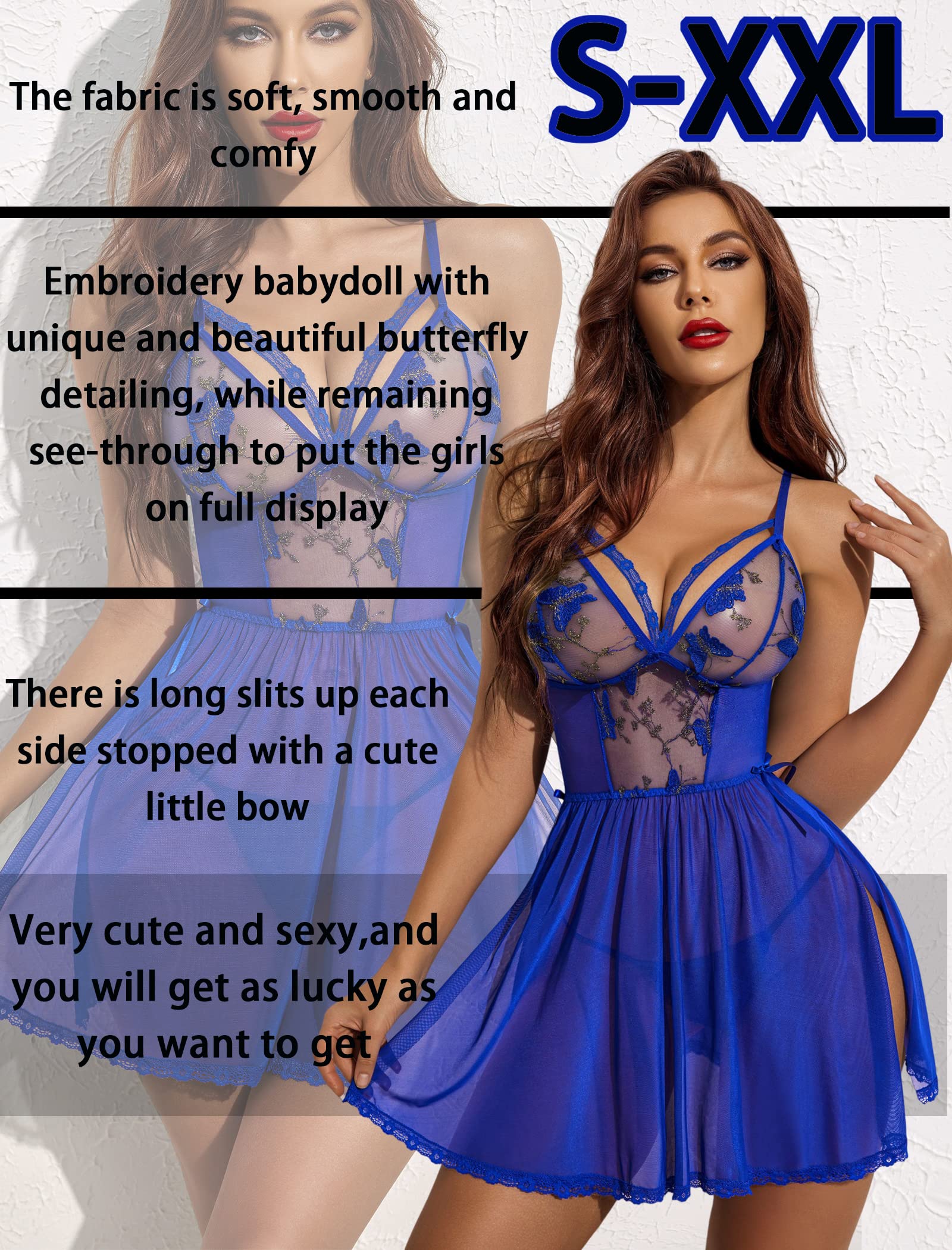 Avidlove Women's Lingerie Lace Chemise Floral Embroidery Mesh Babydoll Side Slit Sleepwear: Blue Medium