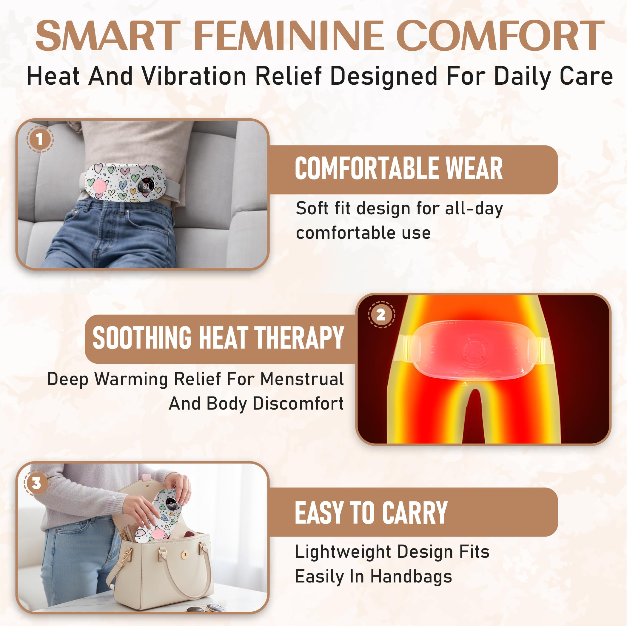 BRONTIX Period Cramp Relief Massager for Women | Portable Cordless Menstrual Pain Relief Heating Pad with 6 Heat & Massage Modes | Electric Periods Cramp Massager | Perfect Gifts for Woman 3