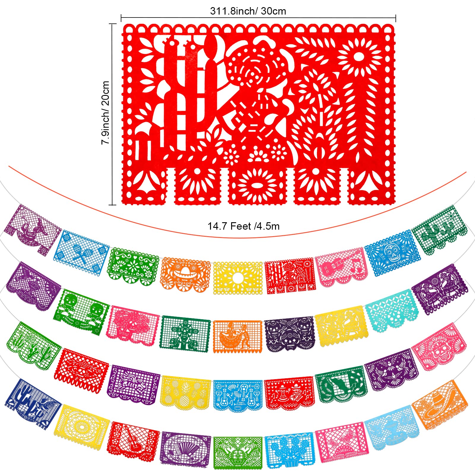 Qpout 4 szt. meksykańska impreza Fiesta filcowy baner Cinco de Mayo Fiesta baner Dia De Los Muertos Dzień Zmarłych Fiesta Papel Picado wiszący baner Cino de Mayo dekoracje imprezowe 4 różne wzory