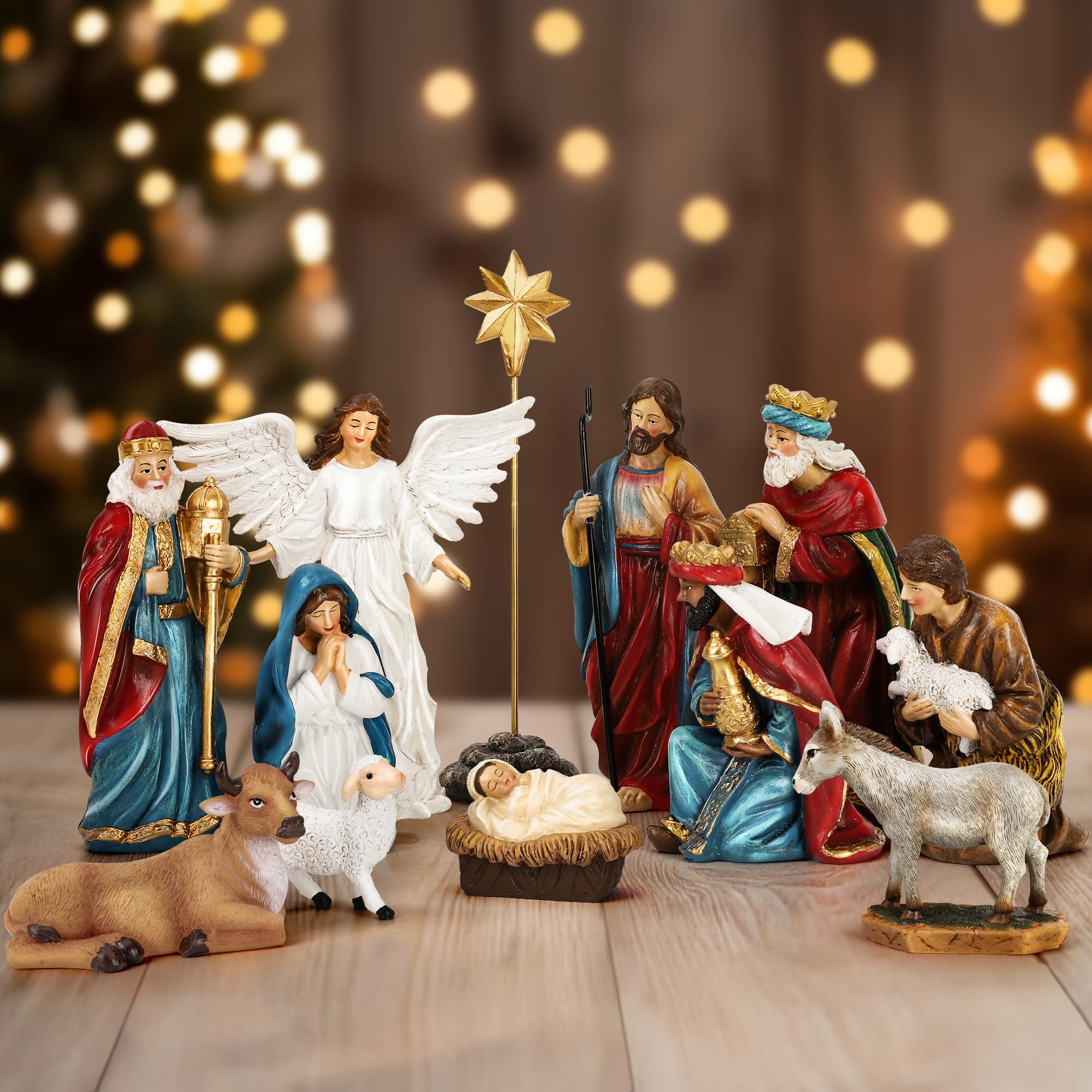 Melisheer 13 PCS Nativity Set, 6 Inches Resin Christmas Nativity Figurine, Nativity Scene Decorations Indoor, Hand Painted Baby Jesus Figure, Christmas Ornaments for Holiday Tabletop Fireplace