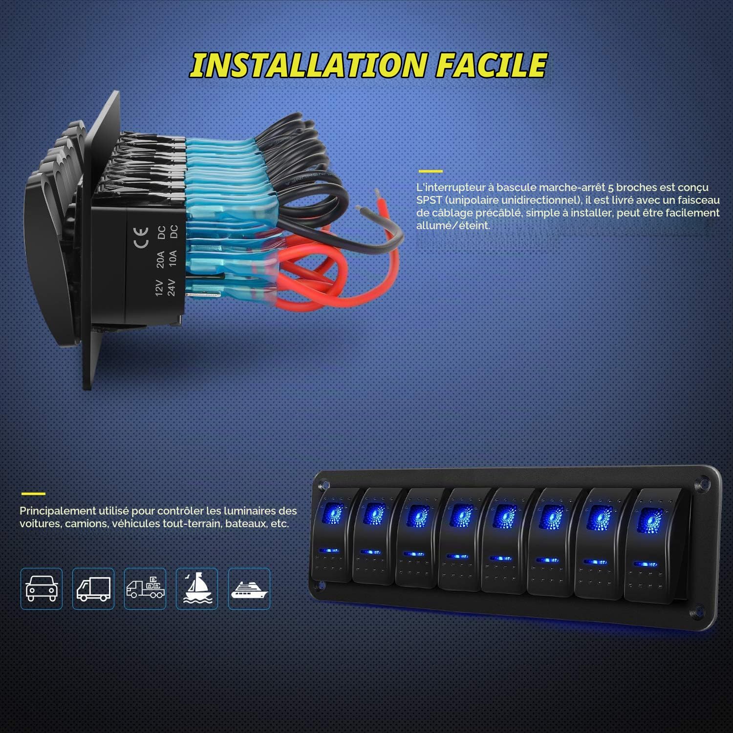 Greluma 1 Piece Panneau d'interrupteurs à bascule 8 positions, 12 V 24 V DC, marche/arrêt, pré-câblé, rétroéclairé bleu, pour tableau de bord, voiture, bateau, camping car