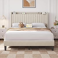Yaheetech Queen Bed Frame with USB Charging Ports, Storage Shelf, Upholstered Wing Headboard, Wooden Slats - No Box Spring, Easy Assembly, Beige