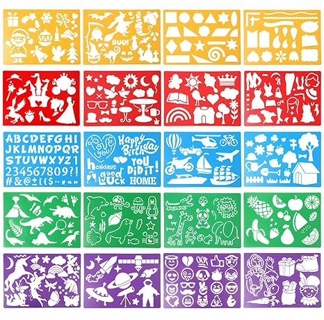 HASTHIP 20 Pieces Drawing Stencil Set for Kids Over 250 Different Patterns Washable Plastic Journal Stencil for Children Scrapbook DIY Craft (Assorted Colors)