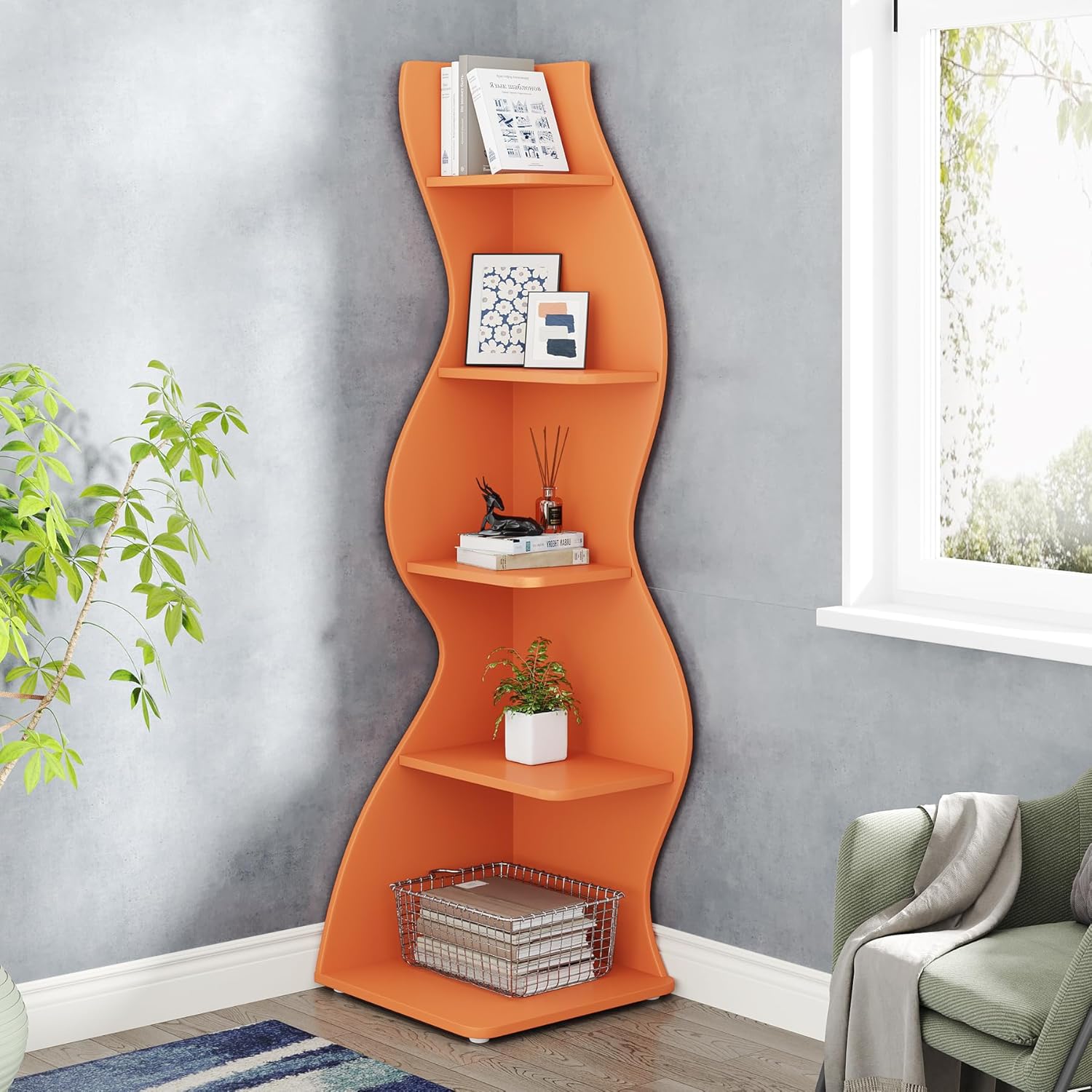 Tribesigns Corner Shelf, Modern 5-Tier Wall Corner Bookshelf, Stylish Corner Small Bookcase Storage Rack Plant Stand with Unique Shape for Living Room, Home Office (Orange, 1PC) Orange 1PC
