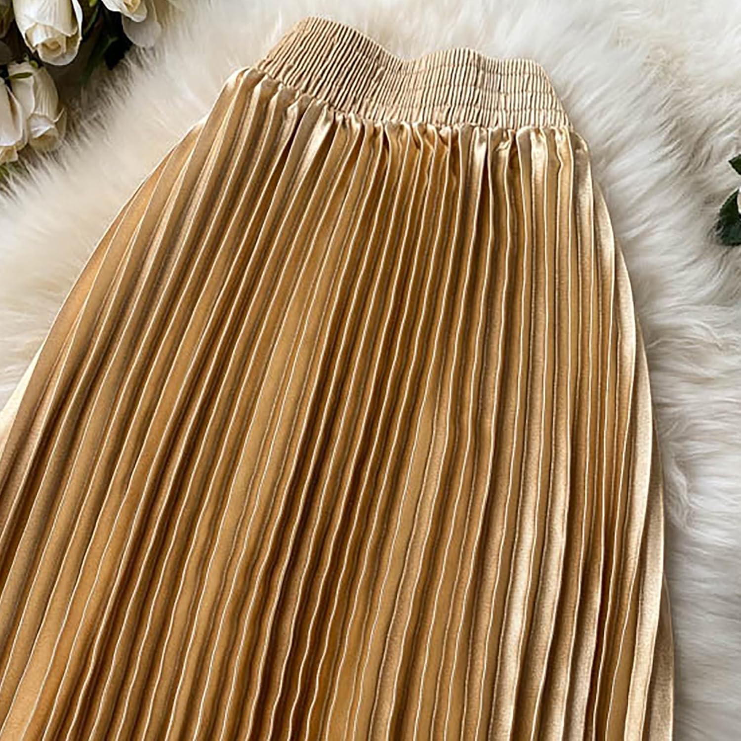 TONCHENGSD Women's High Elastic Waist Satin Metallic Pleated Accordion Swing Long Maxi Skirt - Image 2