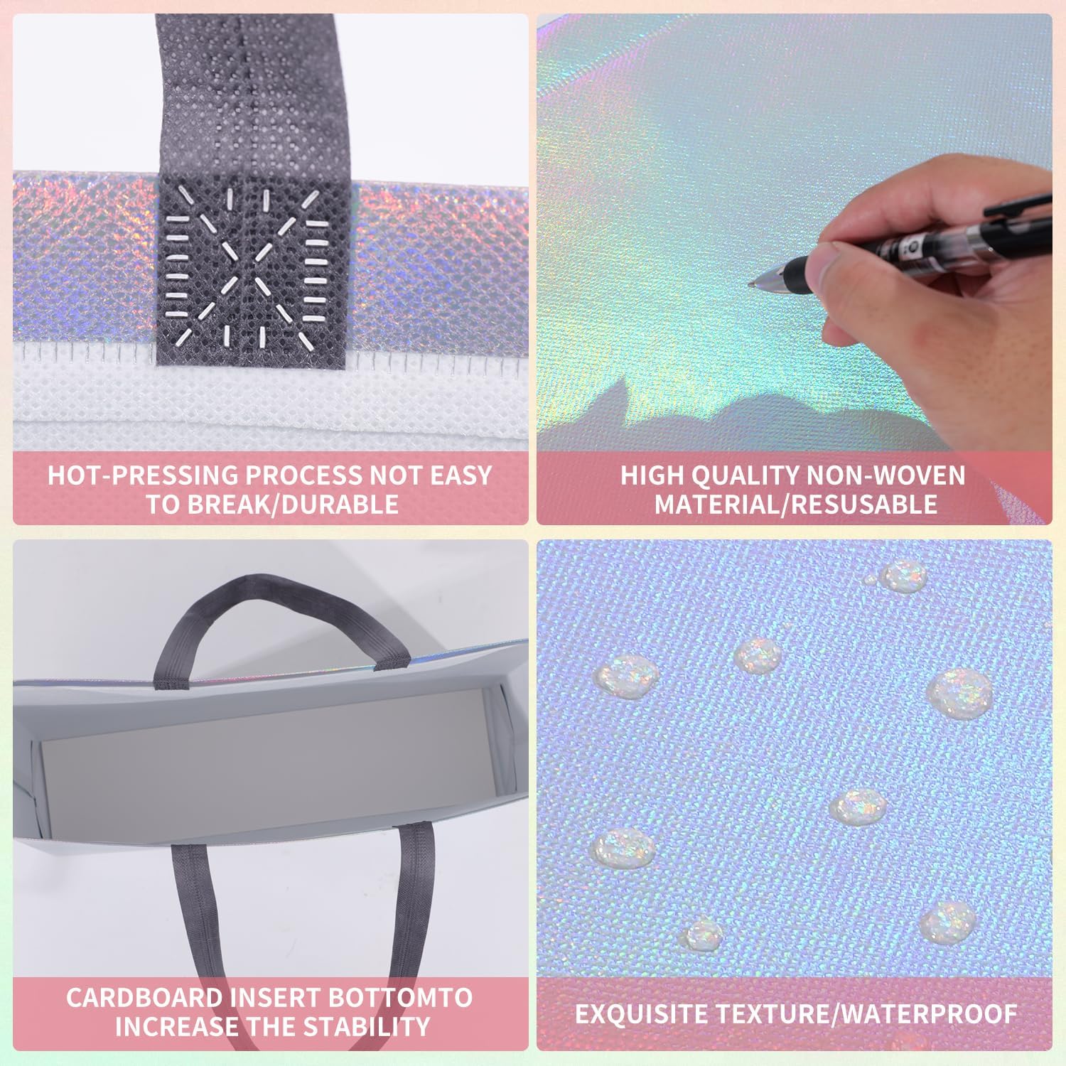 Haokuaile Glossy Iridescent Gift Bags with Handle, Non-woven, Reusable, Sturdy Base, 20-Pack, for Birthday, Wedding, Easter, Party Favor (Silvery, S) image 3