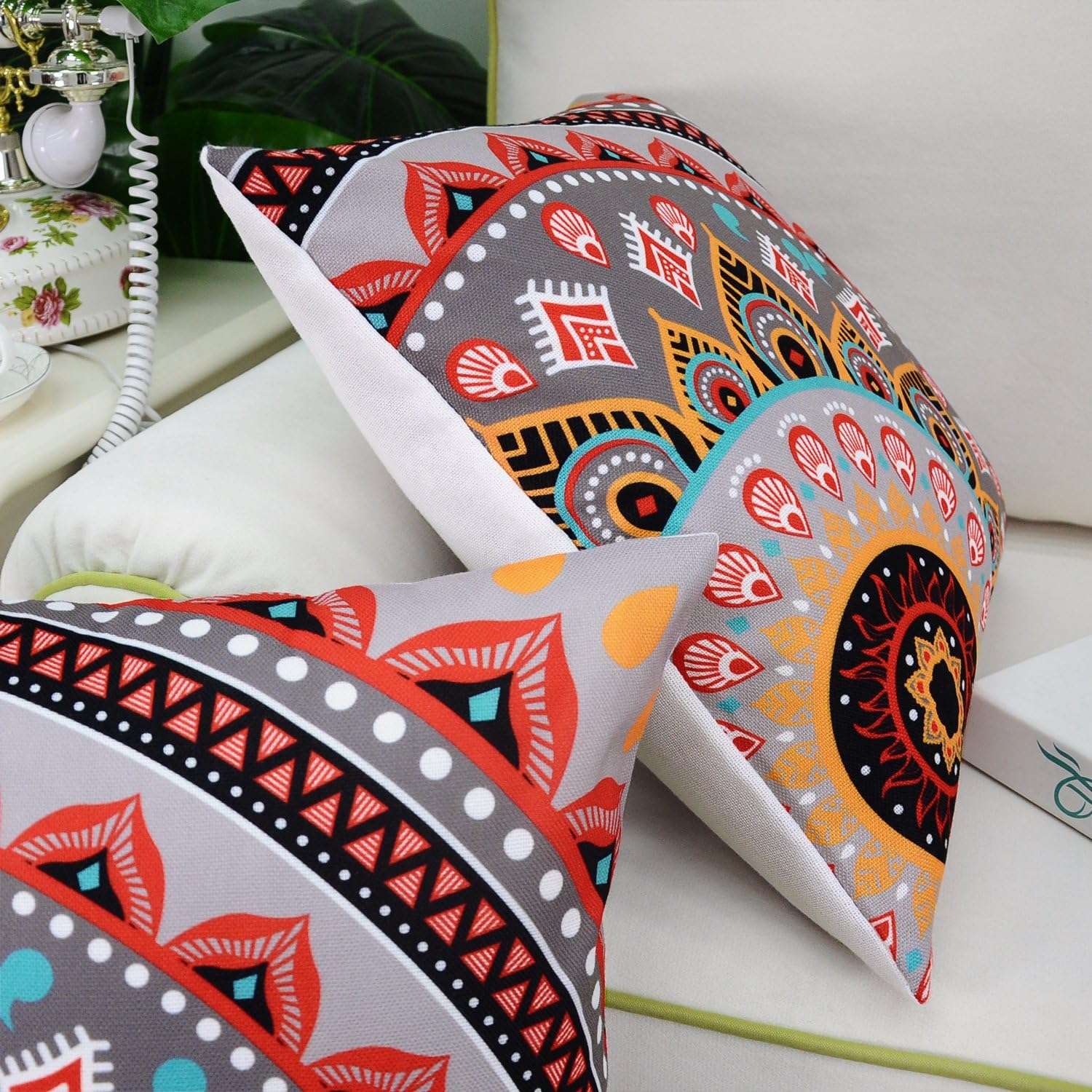 CaliTime Pack of 2 Soft Canvas Throw Pillow Covers Cases for Couch Sofa Home Decor Retro Quarter Mandala Pattern Compass Medallion 18 X 18 Inches