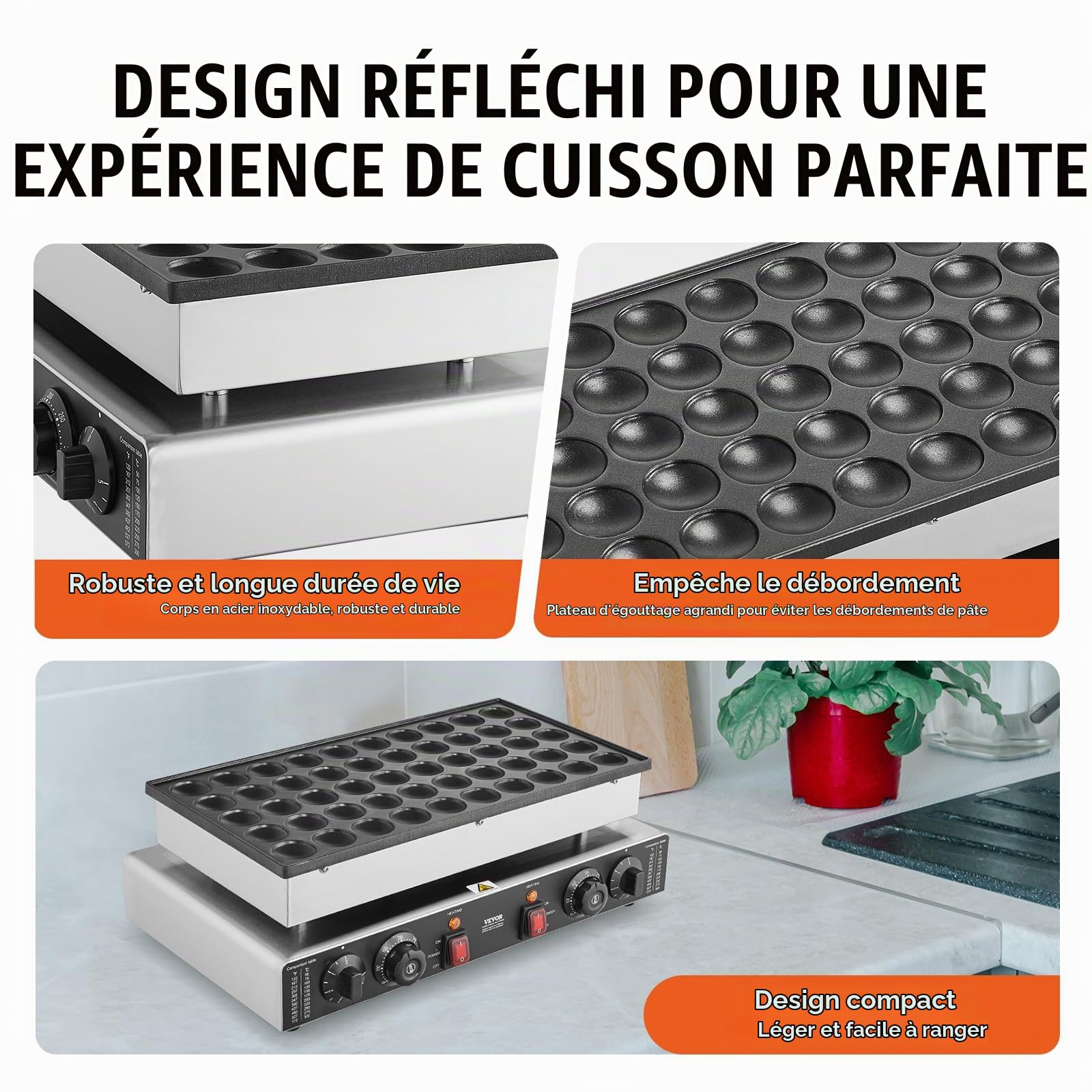 VEVOR Appareil à Pancake 50PCs 1700 W, Crêpière Commerciale 43 mm, Appareil à Poffertjes Dorayaki en Acier Inoxydable Antiadhésif, Température et Temps Réglable, pour Cuisine à Domicile, Restaurant