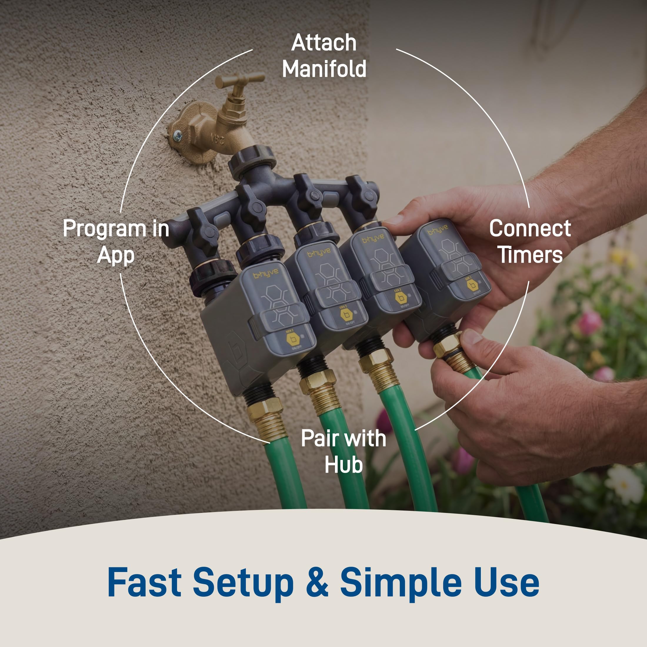 Orbit 21207 B-hyve Gen 2 Smart Hose Irrigazione Timer, confezione da 4 con hub Wi-Fi e collettore a 4 porte