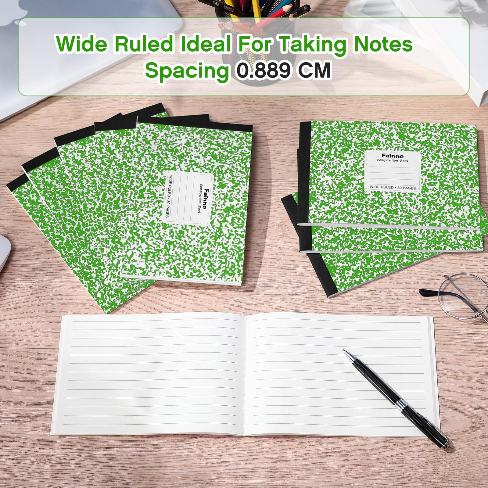 Fainne 20 quaderni a righe universitarie, 80 pagine, mezza misura, a righe larghe, 11,9 x 19,5 cm, spaziatura 28,9 cm, copertine primarie assortite (verde)