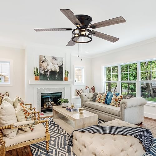 Miniatura 6 de Ventilador de techo de montaje empotrado de 52 pulgadas con cadena de luz, 5 cuchillas reversibles, lámpara de techo de iluminación de cristal de