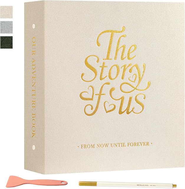 Lanpn Couples Self Adhesive Photo Album, Small Size Linen Photos Books DIY Stick Sticky Magnetic Pages holds 4x6 5x7 A5 Picture for Valentine Wedding Anniversary Newlywed (20 Sheets/40 Pages, Beige)