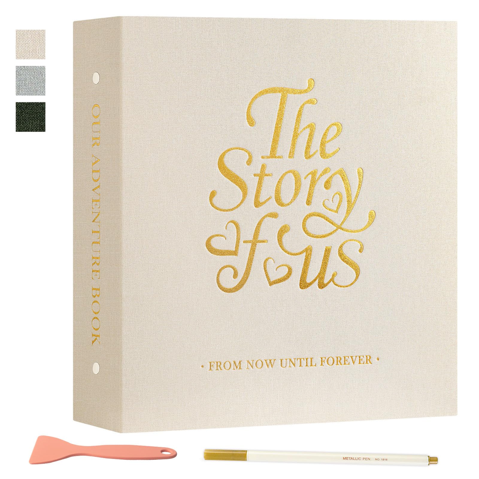 Lanpn Couple Self Adhesive Photo Album - The Story of Us, Linen Wedding Anniversary Picture Book Sticky Pages holds 6x4 7x5 A5 Photo for Love Newlywed Valentine's Day (Large 40 Sheets/80 Pages, Beige)