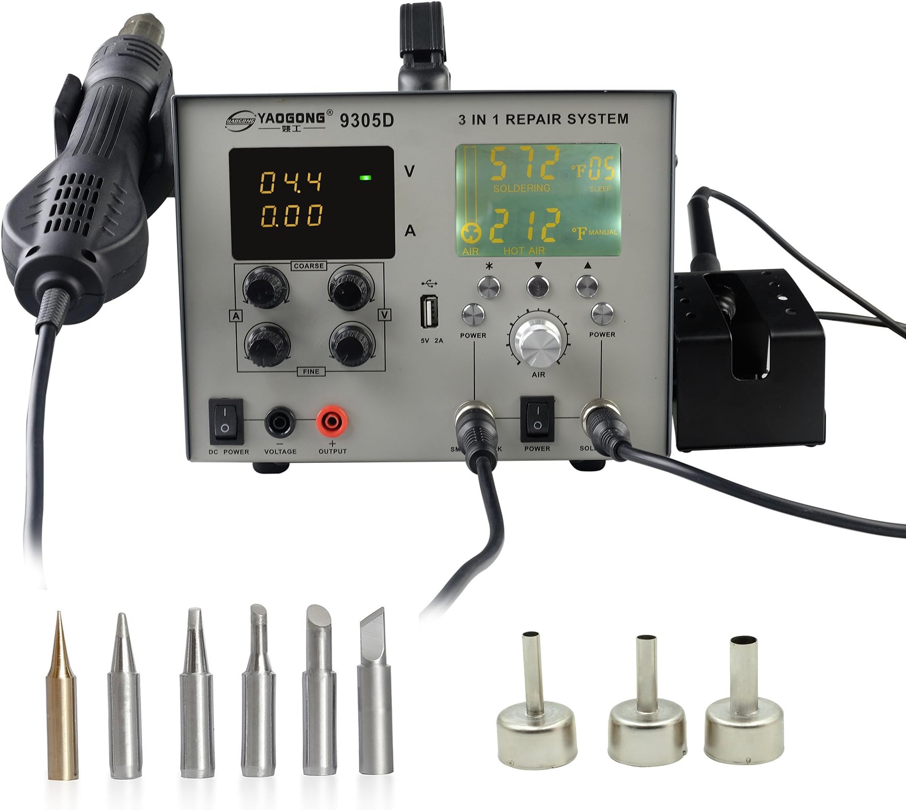 YAOGONG 9305D# Brushless 4 in 1 Digital LCD SMD Rework Station Power Supply 30V 5A With USB Automatic Soldering Iron and Air Gun(Auto/Manual Settings)