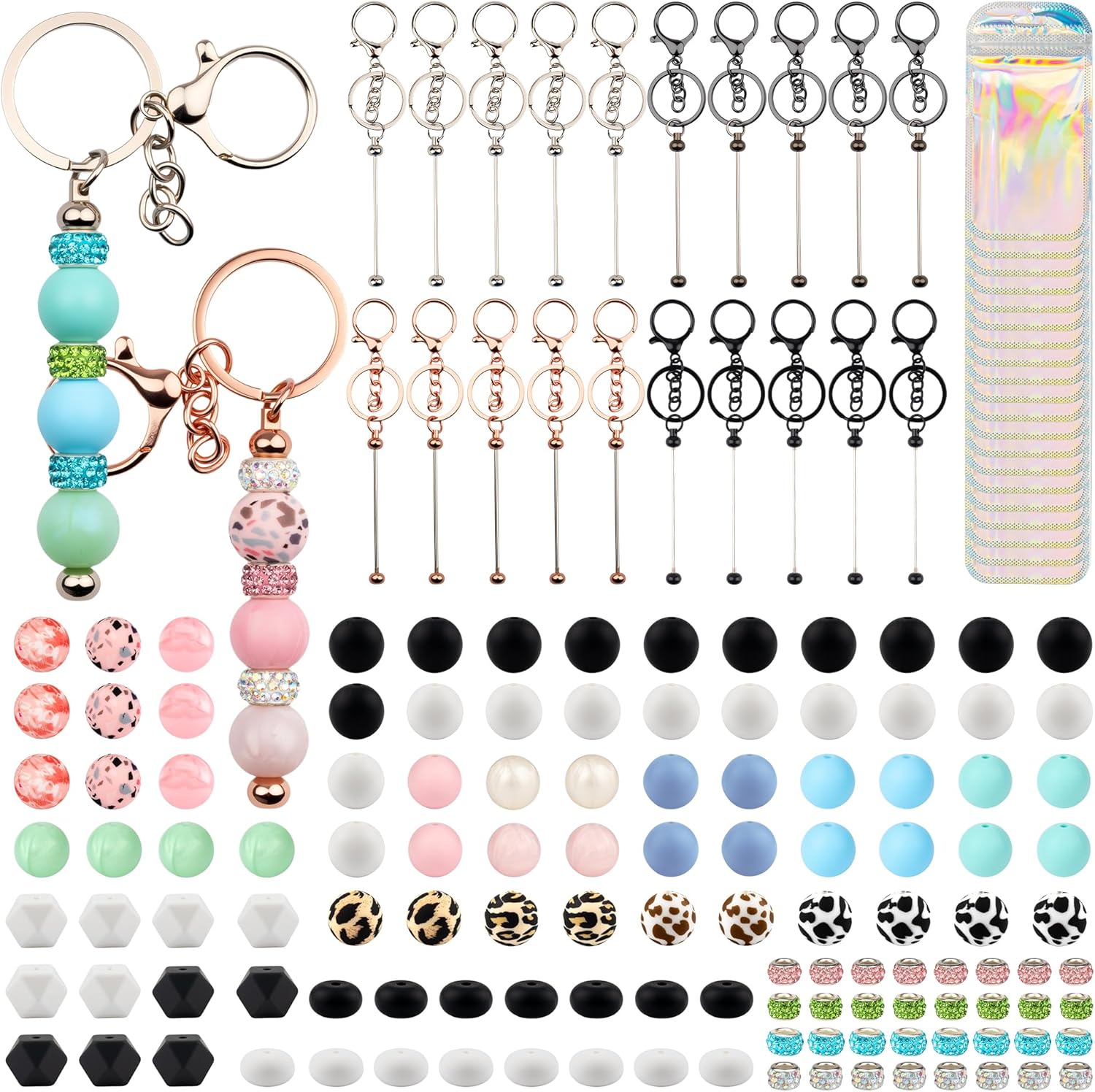 160pcs Beadable Keychains Set Bulk for Keychain Making Kit with Beadable Keychain Bar Silicone Beads Spacer Beads Gifts for Women Men DIY Crafts