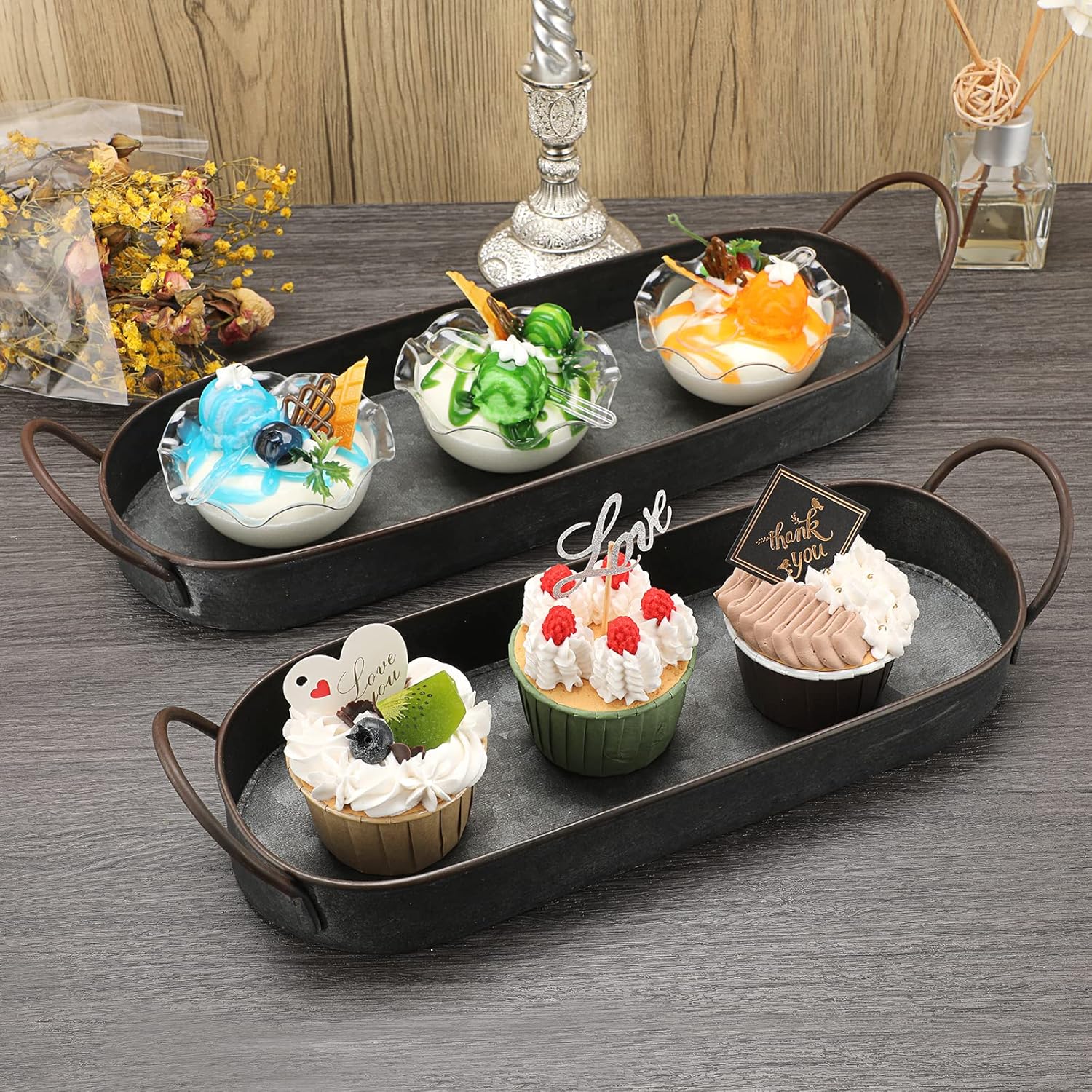 Hipiwe Set of 2 Galvanized Metal Iron Tray with Handles Oval Farmhouse Serving Tray Rustic Industrial Decorative Tray Centerpiece Tray for Coffee Table Weddings Home Decor - Image 4