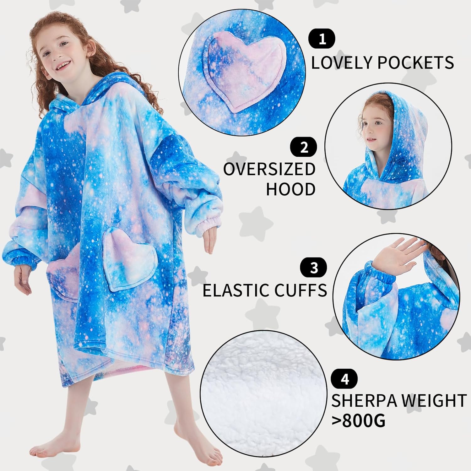 Wearable Blanket Hoodie for Kids Oversized Sherpa Blanket Hoodie for Kids Boys Girls Teens 6-13YR,Galaxy - Image 3