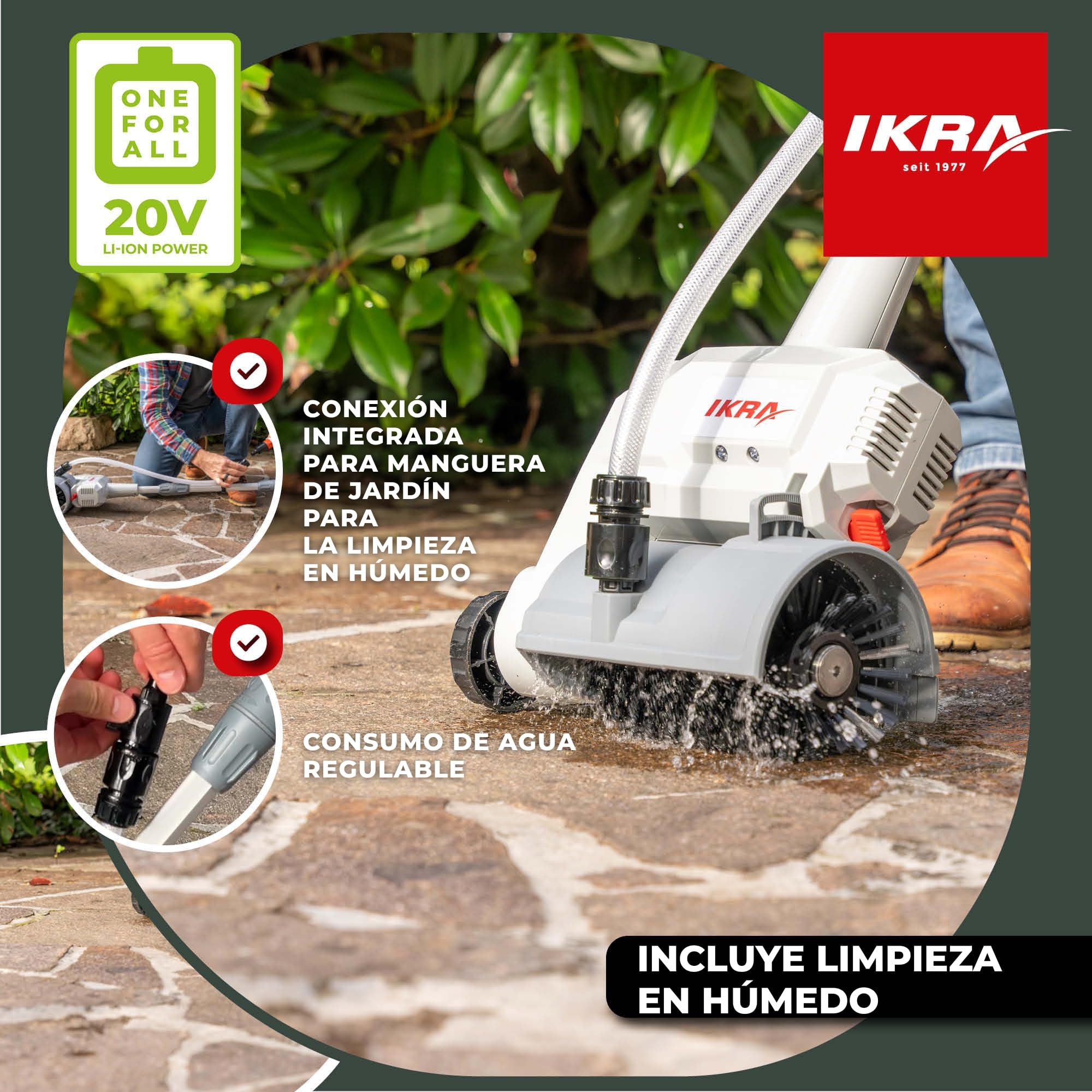 IKRA limpiador de superficies y juntas a batería Vario Brush IATR 20 | Incluye cepillo de nylon para superficies, cepillo de acero para juntas, incl. batería y cargador, gama de baterías de 20V