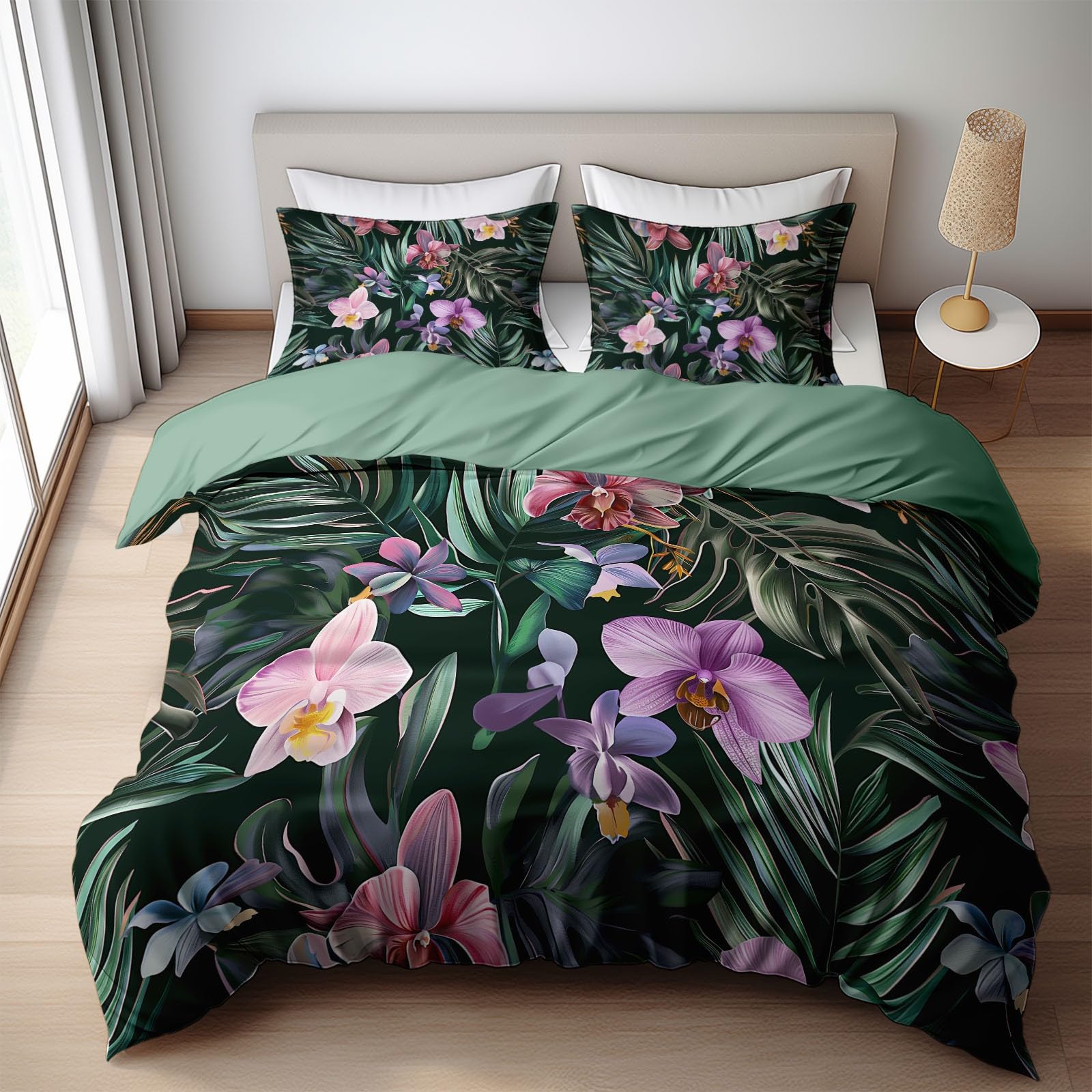 Generisch Dwustronna pościel w stylu akwarelowym, tropikalne storczyki, liście palmowe, 220 x 240 cm, zestaw pościeli 3D, miękka, puszysta, poszewka na kołdrę z zamkiem błyskawicznym i 2 poszewki na