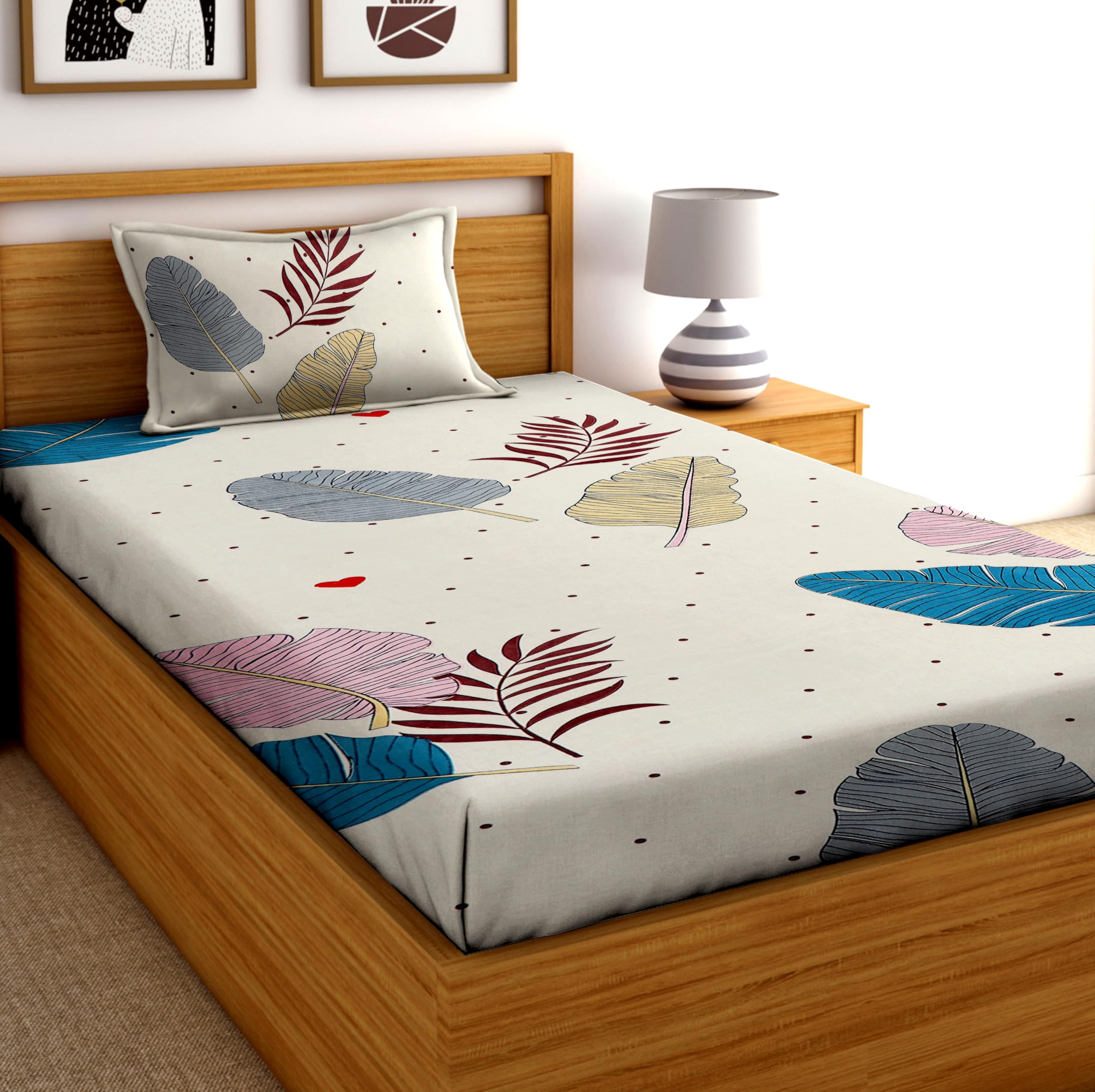 DECORUM Glace Cotton All Around Elastic Fitted Single Bedsheet (72"x48") with 1 Pillow Cover | Soft, Smooth & Wrinkle-Free Fabric | Fits Up to 6" Mattress | 200-220 TC