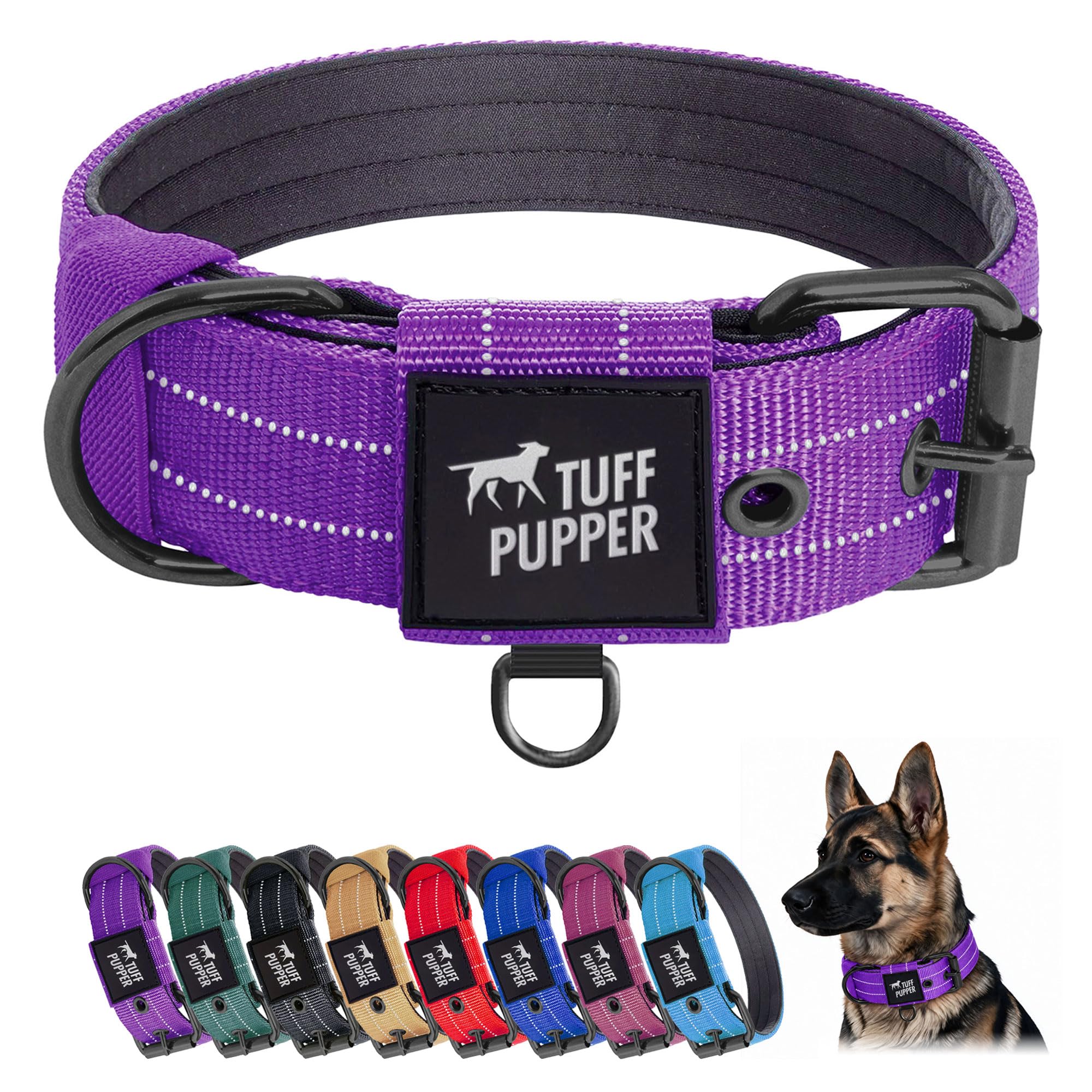 Tuff Pupper Heavy Duty Tactical Dog Collar | 1.5" Wide Ballistic Nylon | Reflective Stitching | Integrated ID Tag Holder | Stainless Steel Buckle | Padded Lining | Medium &amp; Large Dogs (Purple, Medium)