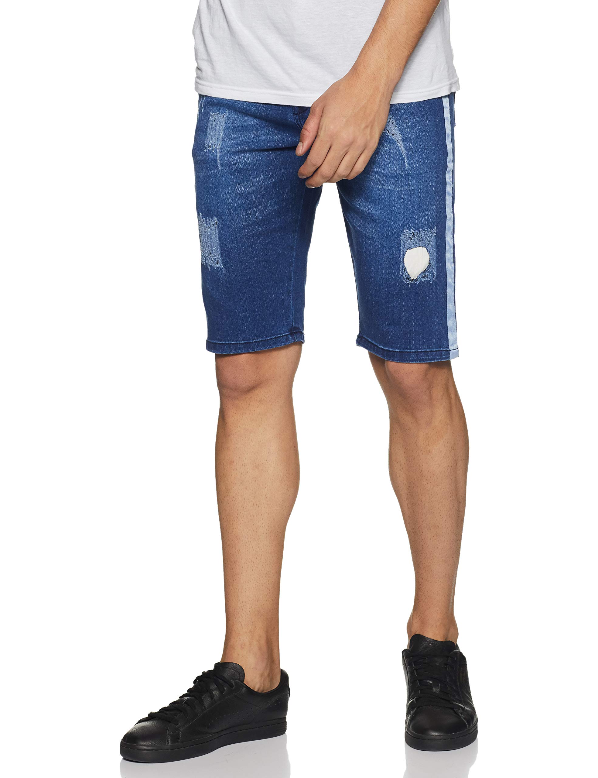 Men’s Classic Blue Medium-Washed Distressed Side Striped Regular Fit Denim Shorts | Mid-Rise Stretchable Cotton Denim Shorts Crafted with Comfort Fit & High Performance for Everyday Wear-image-29