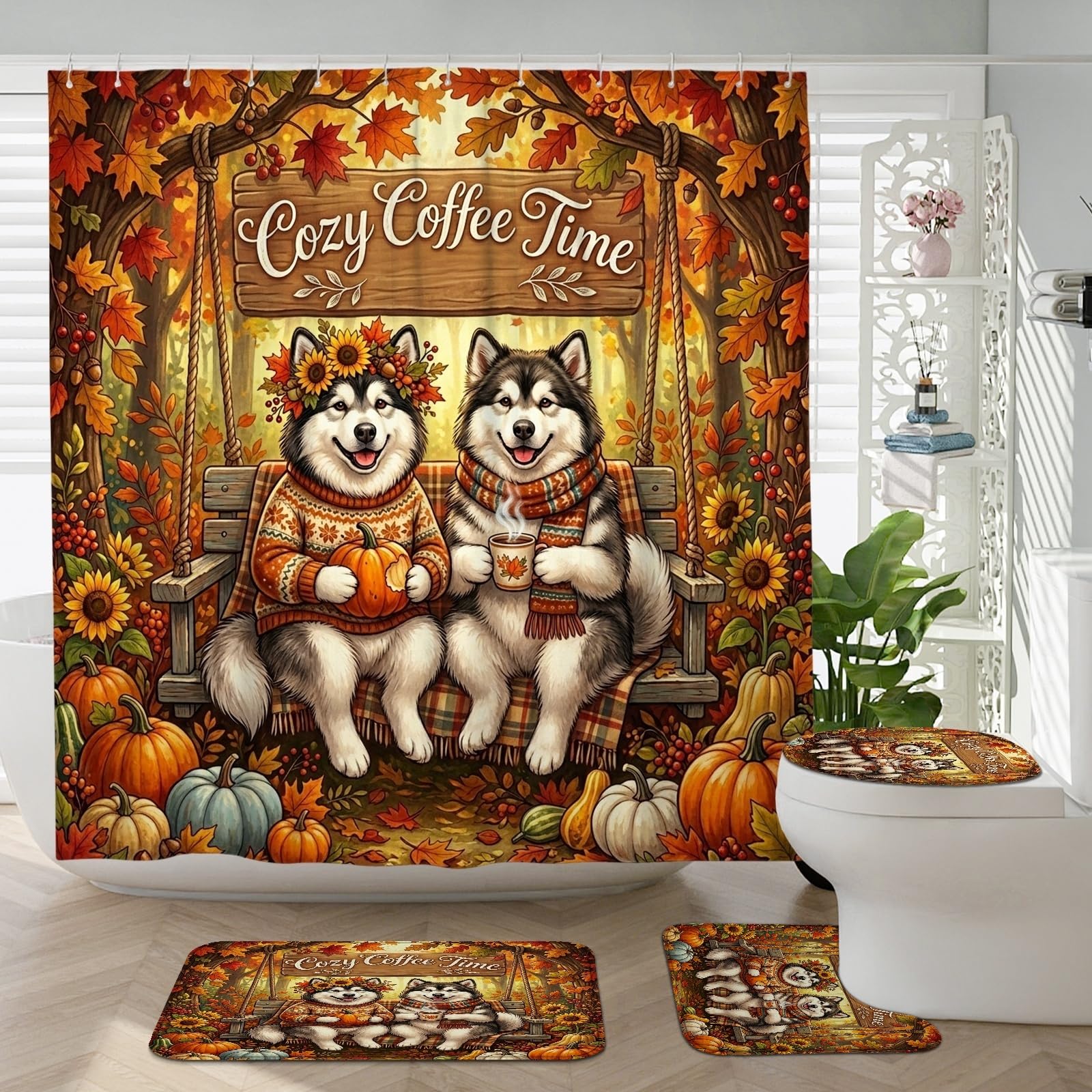 Tapis de couvercle de toilette U et tapis de bain motif chien Alaska Malamute